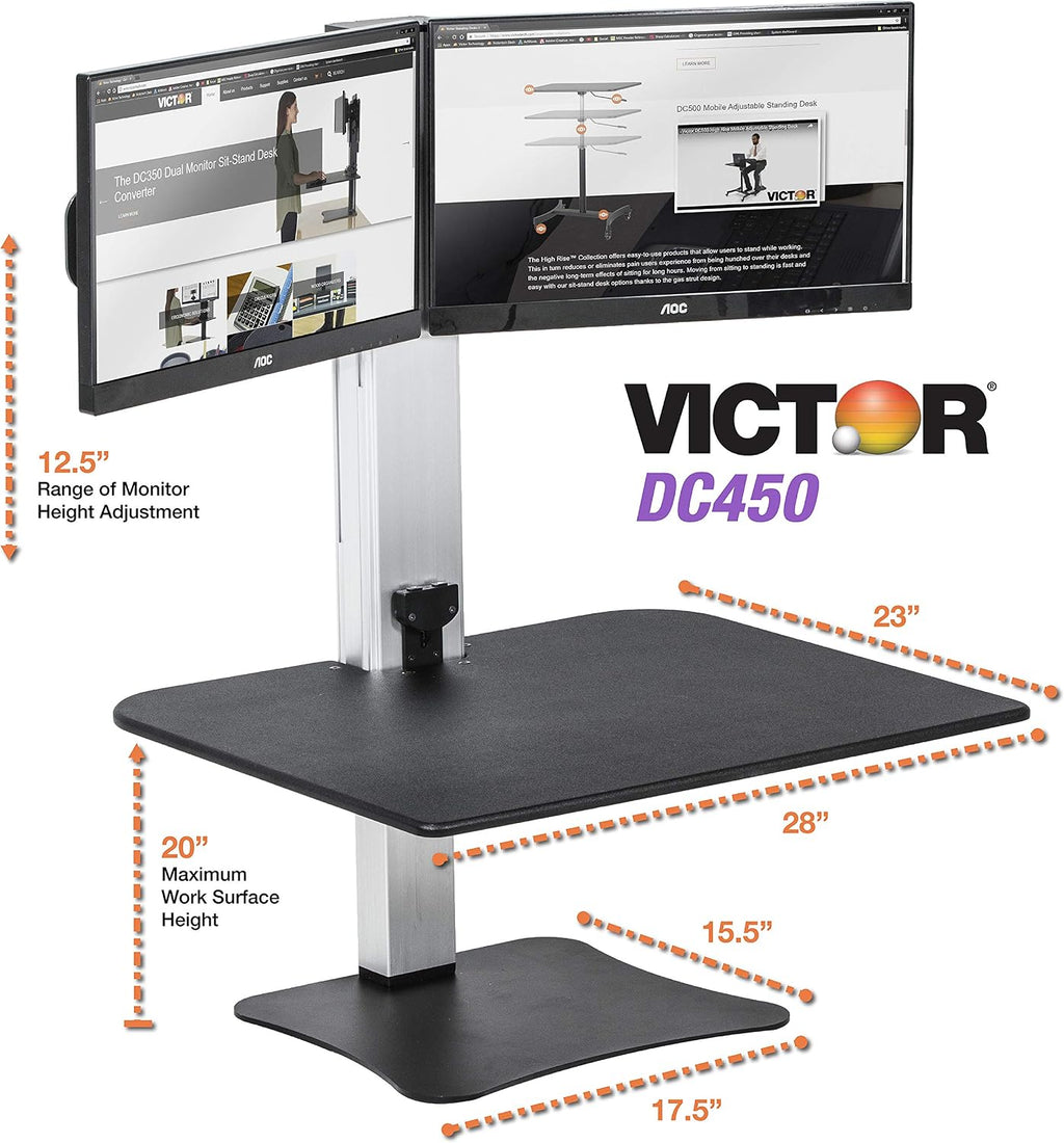 Victor Dual Monitor Electric Standing Desk Workstation, Height Adjustable Sit-Stand Converter with Dual Monitor Support, 28″ x 23″ Work Surface (DC450)