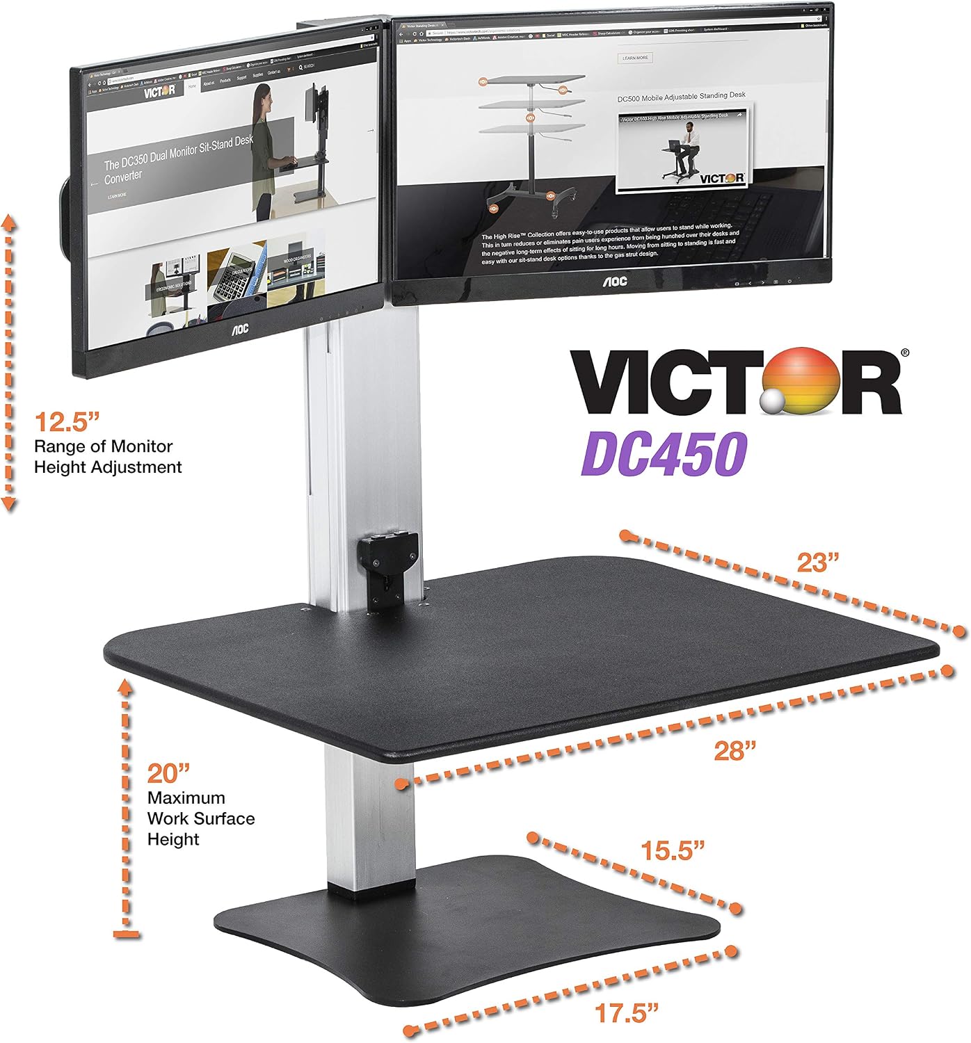 Victor Dual Monitor Electric Standing Desk Workstation, Height Adjustable Sit-Stand Converter with Dual Monitor Support, 28″ x 23″ Work Surface (DC450)