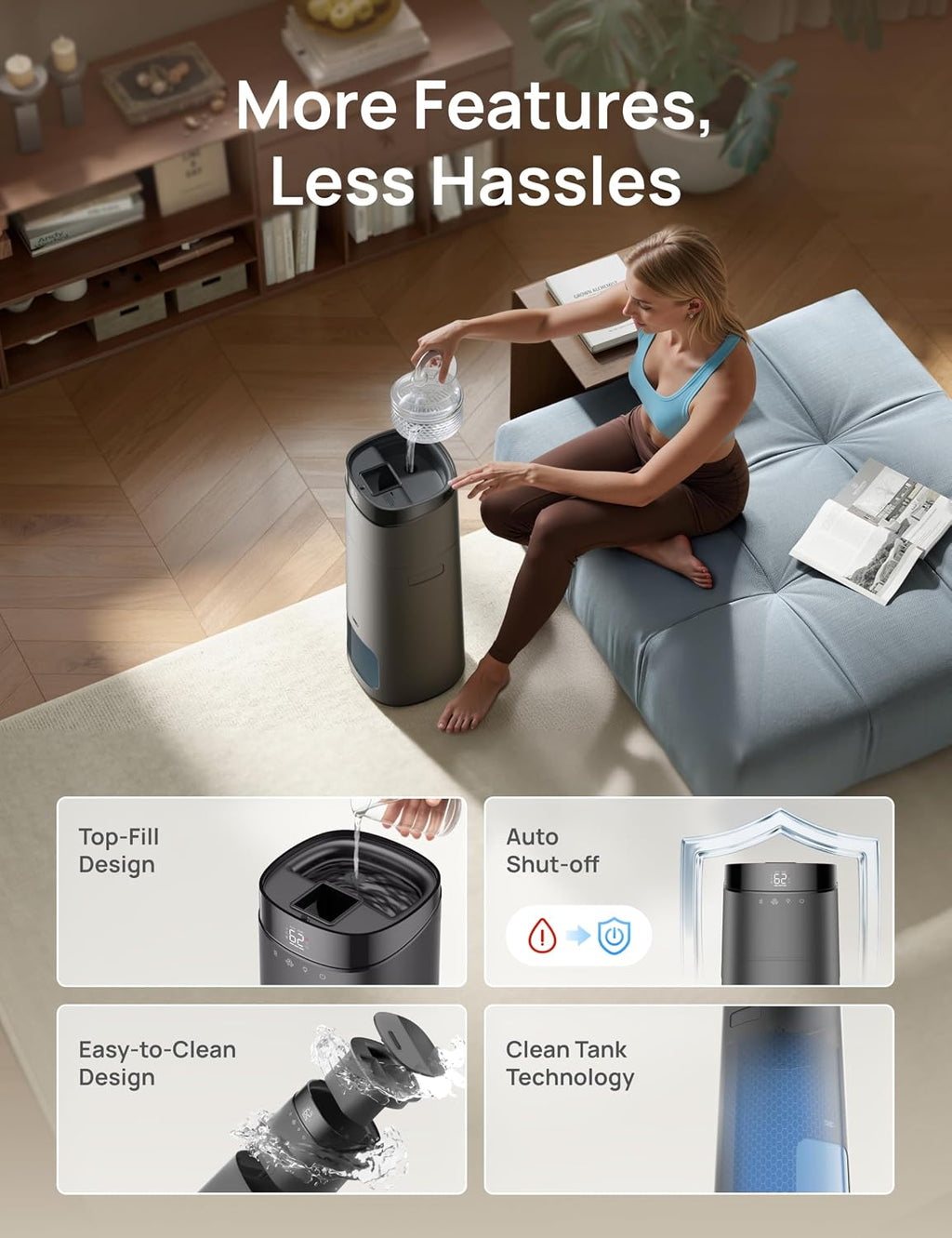DREO 16L Smart Humidifier Large Room 1000 ft², 130H Cool Mist Air Humidifiers for Bedroom Plants Baby, Top Fill, Remote/Touch/Voice & APP Control, Clean Tank Technology, 30dB, HM755S Grey