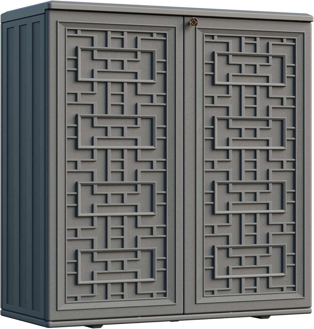 Mrosaa Indoor Outdoor Storage Cabinet Waterproof with Shelf,Plastic Storage Sheds Outdoor Cabinets for Patio/Garden/Backyard, Size 34.3''L*15''W*36.2''H（Gray）