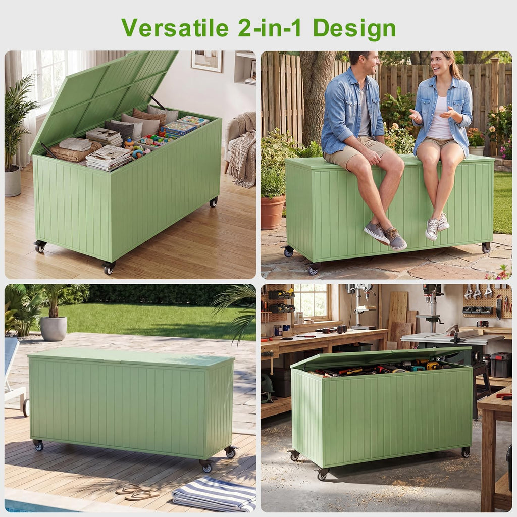 Outdoor Storage Box with Wheels 250 Gallon, Metal Deck Boxes Waterproof, UV Resistant Patio Storage Box with Lid for Patio Furniture, Garden Tools (Green)