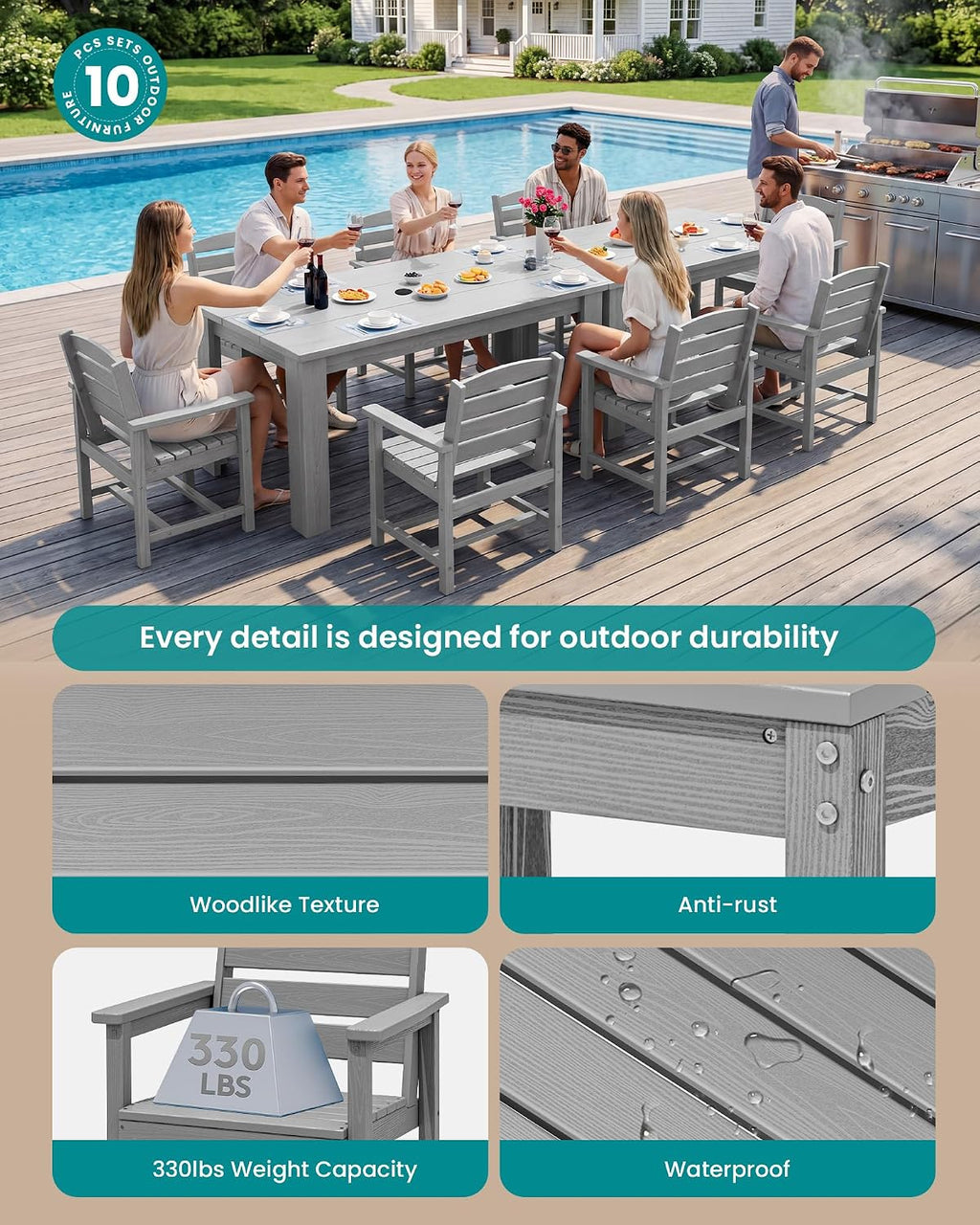 SERWALL Outdoor Dining Sets for 8, Outdoor Dining Sets for 8 Person with 2 Umbrella Hole Cut-Out Rectangular Tables and 8 Chairs, HDPE Dining Sets for Garden, Backyard, Poolside, Sliver Gray