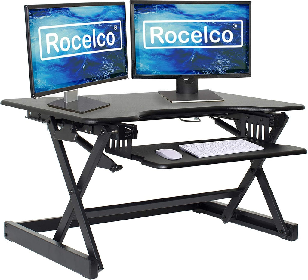 Rocelco 32' Height Adjustable Standing Desk Converter - Sit Stand Computer Workstation Riser - Dual Monitor Retractable Keyboard Tray Gas Spring Assist - Black (R EADRB2)