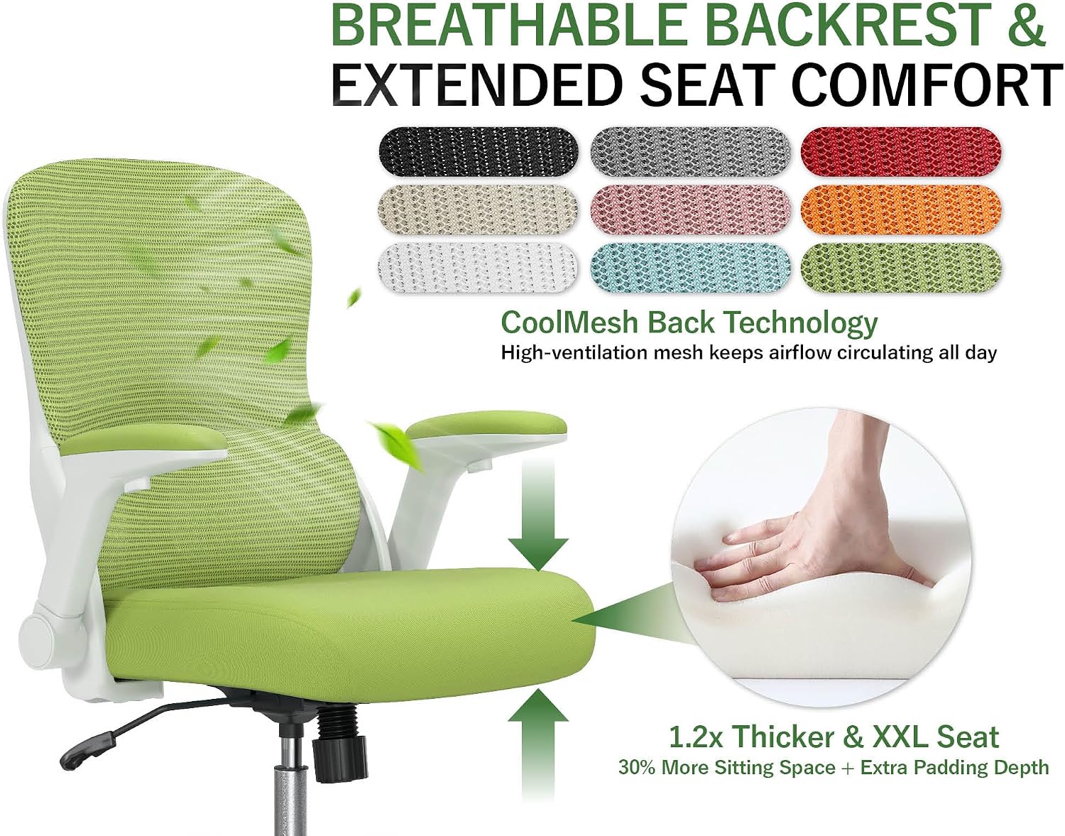 Office Chair Ergonomic Desk Chair Comfy: 400LBS Mesh Computer Chair Ergonomic Gaming Chairs with Wheels Adjustable Lumbar Support and Flip up Armrest-Swivel Executive Chairs Long Hours(Green)