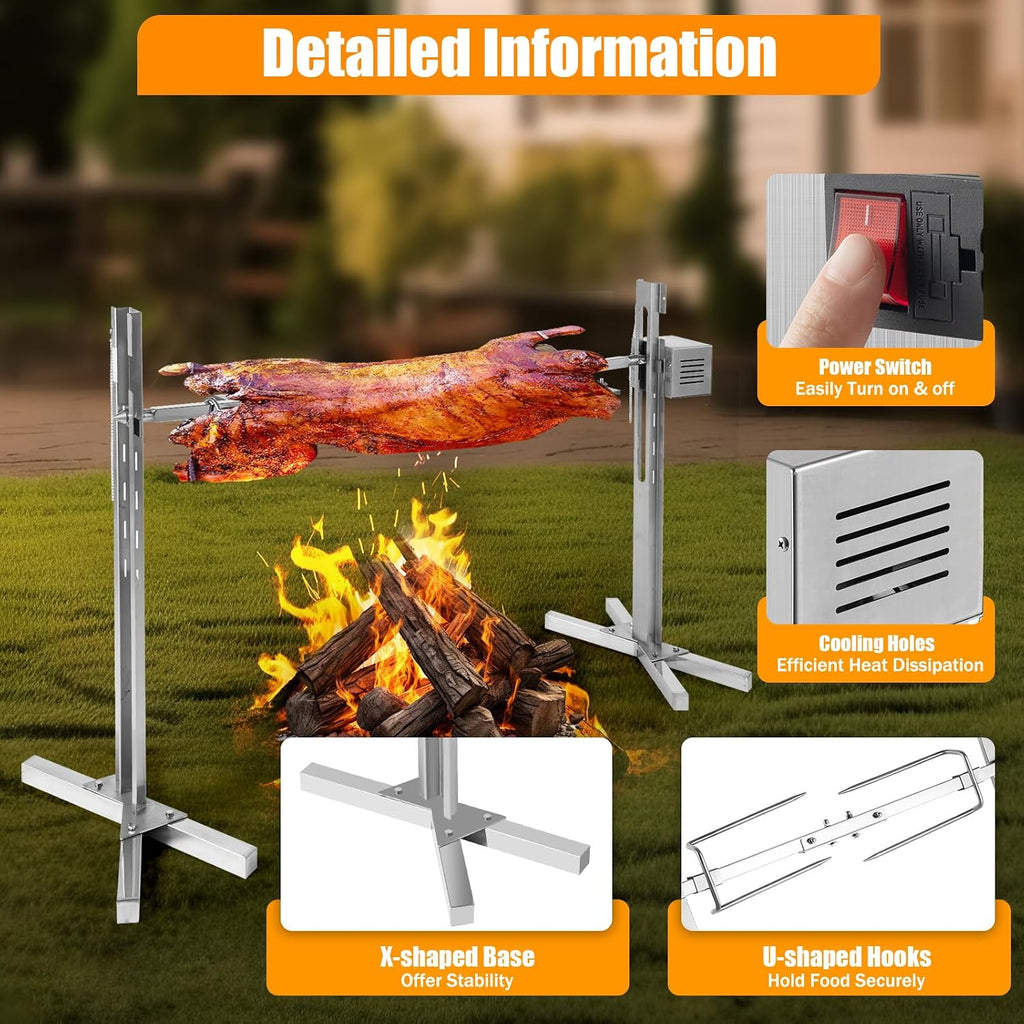 51' Electric Automatic Rotisserie Grill Kit Large Rotisserie Spit Roaster Grill Rod 15W Electric Rotisserie Kit BBQ Grill Kit Heavy Duty for Pig Rotisserie Hog Lamb