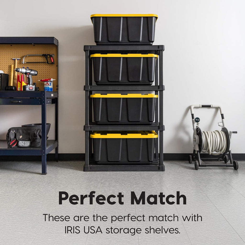 IRIS USA 8-Pack 27 Gallon Storage Bins with Lids |Made in USA| Heavy Duty Plastic Tote Containers for Truckbed Tool Box Organization, Large - Black/Yellow