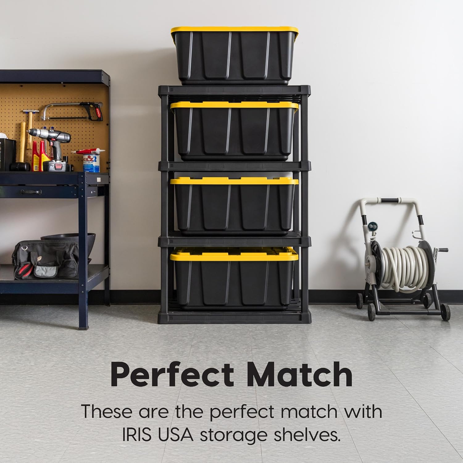 IRIS USA 8-Pack 27 Gallon Storage Bins with Lids |Made in USA| Heavy Duty Plastic Tote Containers for Truckbed Tool Box Organization, Large - Black/Yellow