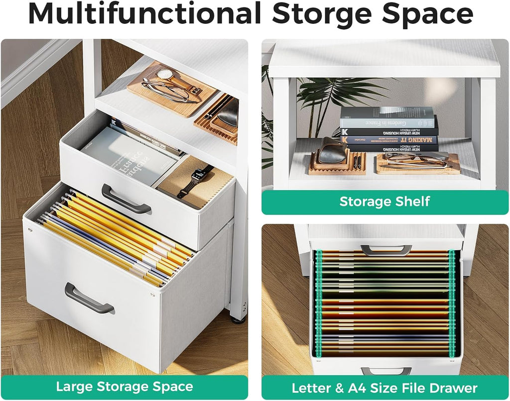 Coleshome L Shaped Computer Desk with 6 Drawers & Power Outlet, 63 Inch Office Desk with Reversible Storage Shelf & File Drawer, Home Office Desk, White