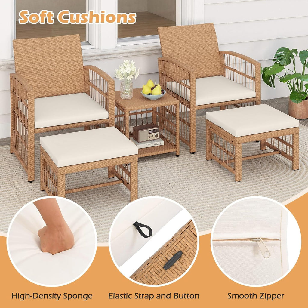 Tangkula 5 Pieces Patio Wicker Conversation Set, Outdoor Furniture Set with 2 Armchairs, 2 Ottomans & 2-Tier Side Table, Outside Rattan Cushioned Sofa Set for Deck, Backyard, Porch or Poolside