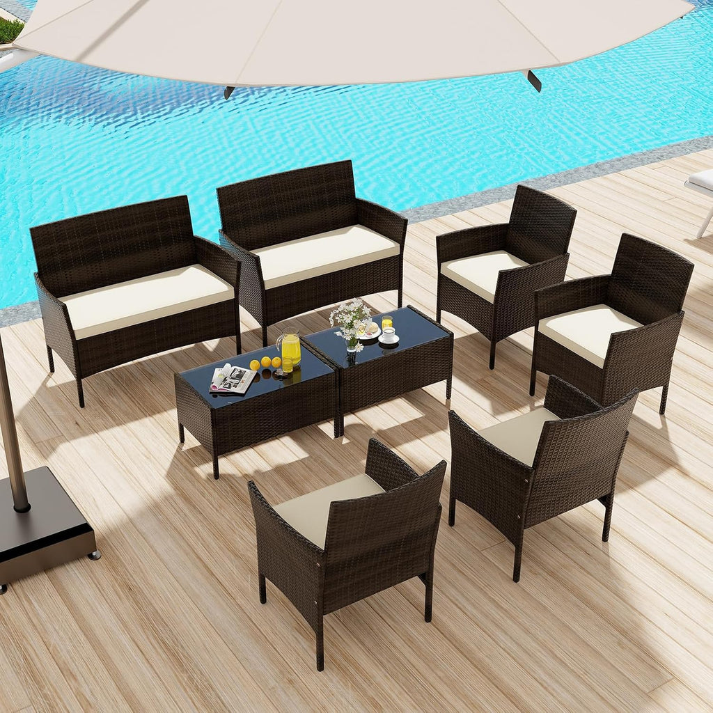KOTEK 8 Piece Patio Furniture Set, Outdoor Rattan Conversation Set with Loveseat, Wicker Chairs, Tempered Glass Coffee Table, Wicker Patio Set for Backyard, Porch (Beige)