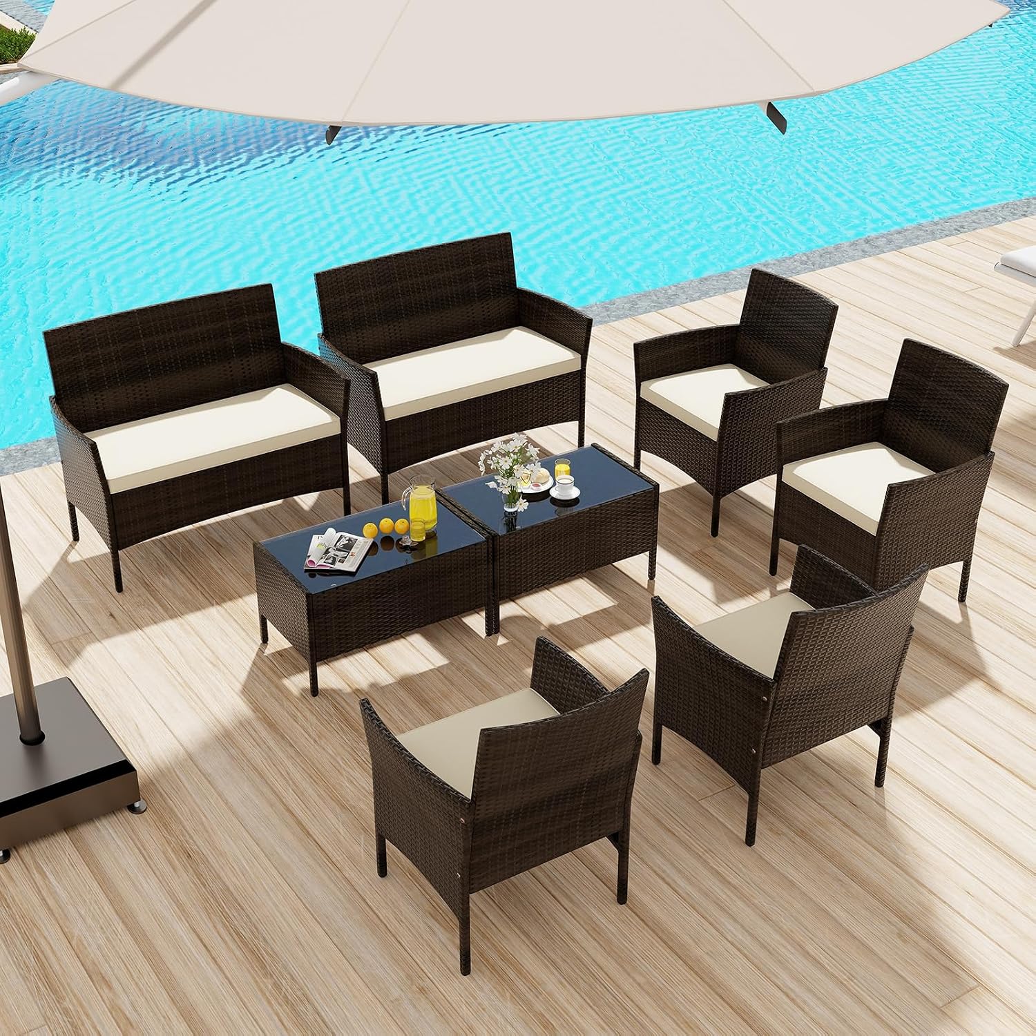 KOTEK 8 Piece Patio Furniture Set, Outdoor Rattan Conversation Set with Loveseat, Wicker Chairs, Tempered Glass Coffee Table, Wicker Patio Set for Backyard, Porch (Beige)