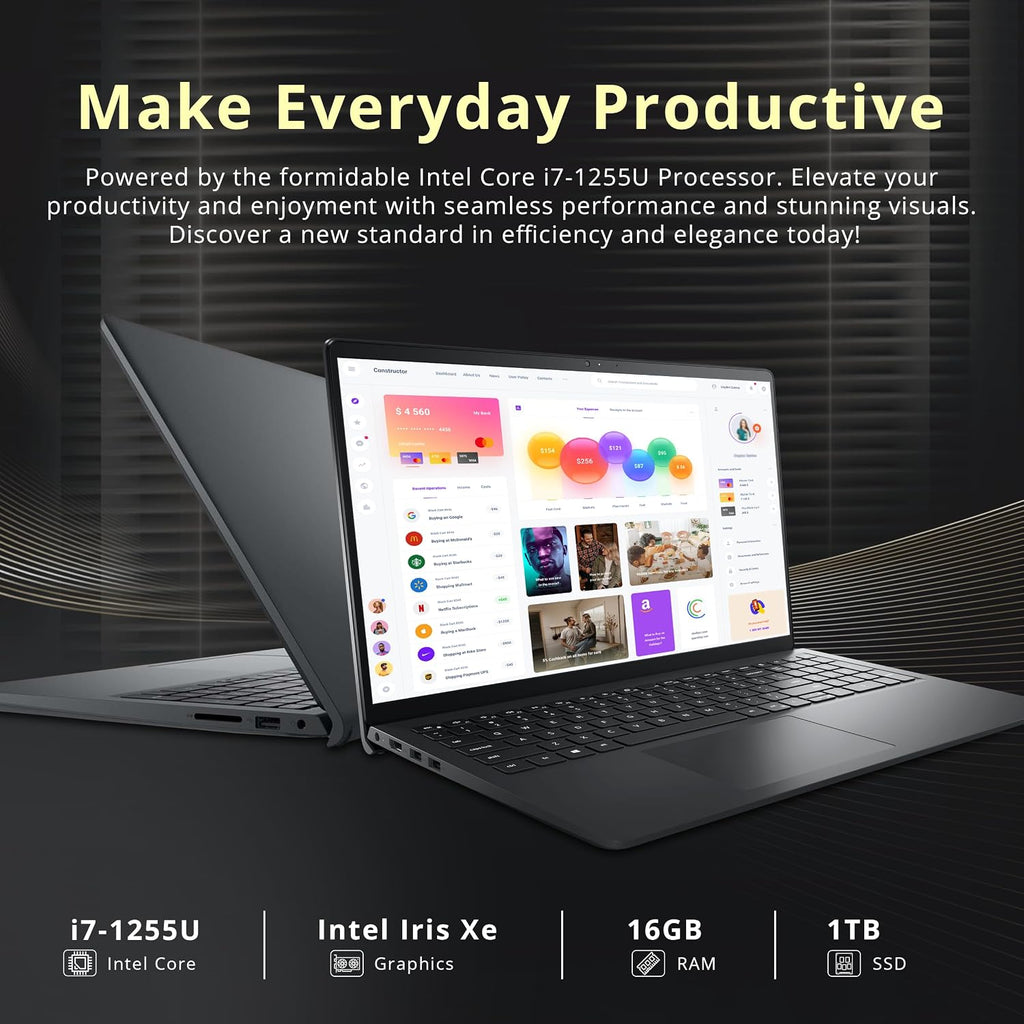 Dell Inspiron 15.6' FHD Touch Laptop, Intel i7-1255U Processor, 16GB RAM, 1TB SSD, Iris Xe Graphics, Numeric Keypad, HD Camera, WiFi, HDMI, Black, Win 11 Pro