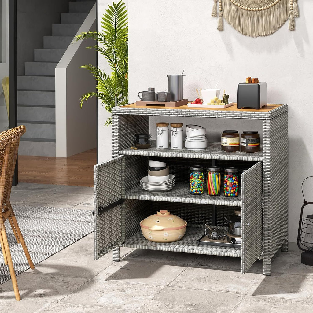 Tangkula Rattan Outdoor Storage Cabinet, Patiojoy Outdoor Cabinet with Acacia Wood Countertop, Open Compartment, 2-Door Wicker Sideboard, Outdoor Bar for Patio Garden Backyard Poolside (Mix Grey)