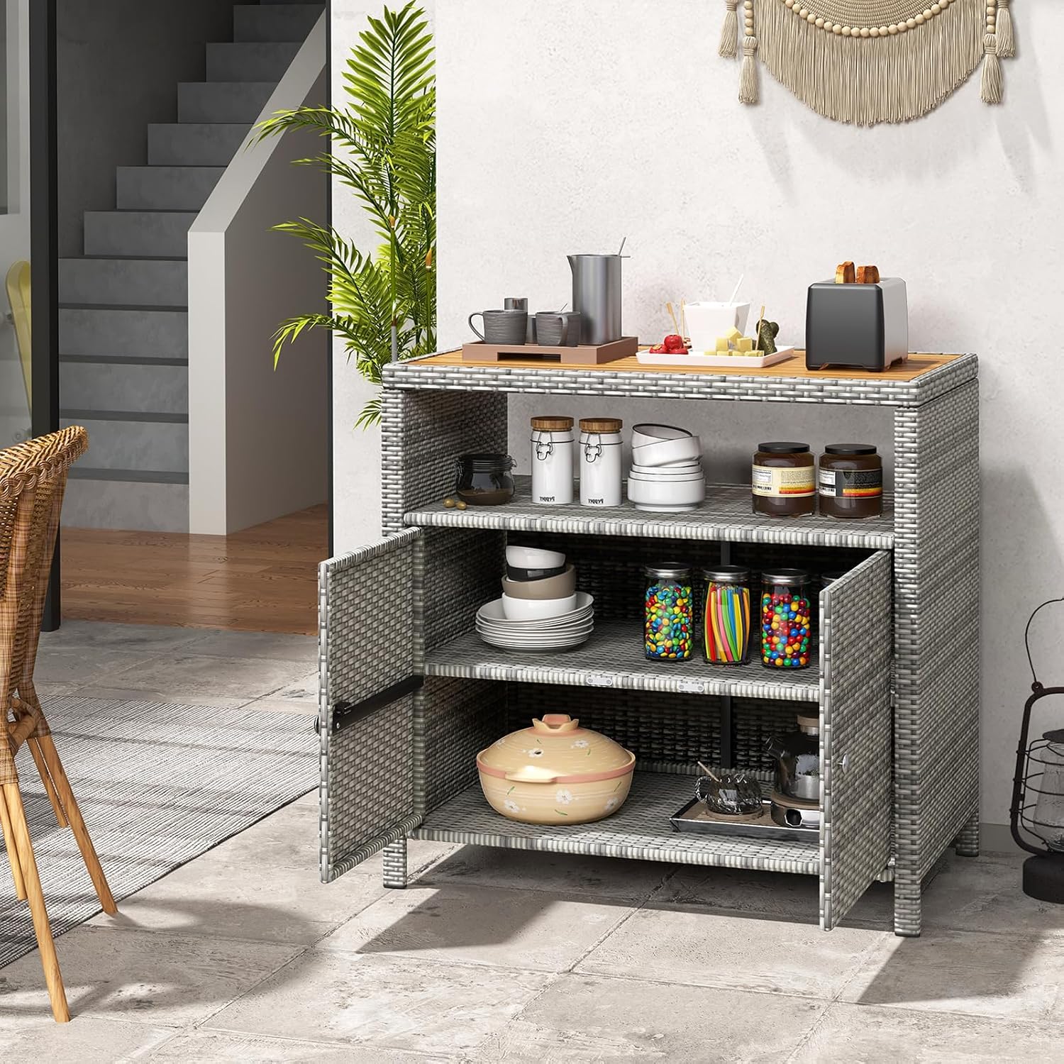 Tangkula Rattan Outdoor Storage Cabinet, Patiojoy Outdoor Cabinet with Acacia Wood Countertop, Open Compartment, 2-Door Wicker Sideboard, Outdoor Bar for Patio Garden Backyard Poolside (Mix Grey)