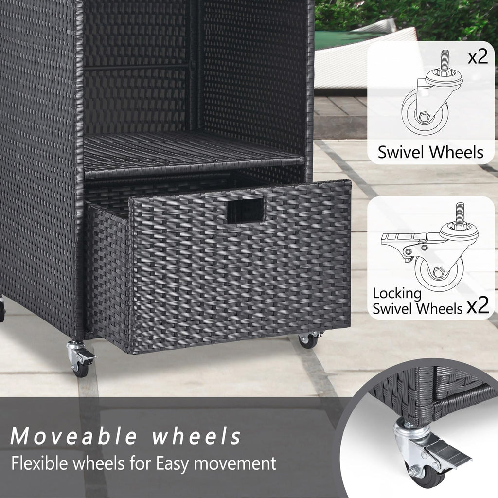 Outdoor Towel Rack for Pool Outdoor Pool Towel Storage Cabinet with Shelf & Drawer Pool Towel Holder with Rolling Wheels Hot Tub Towel Rack w/Waterproof Cover Poolside Towel Valet Caddy for Spa Black