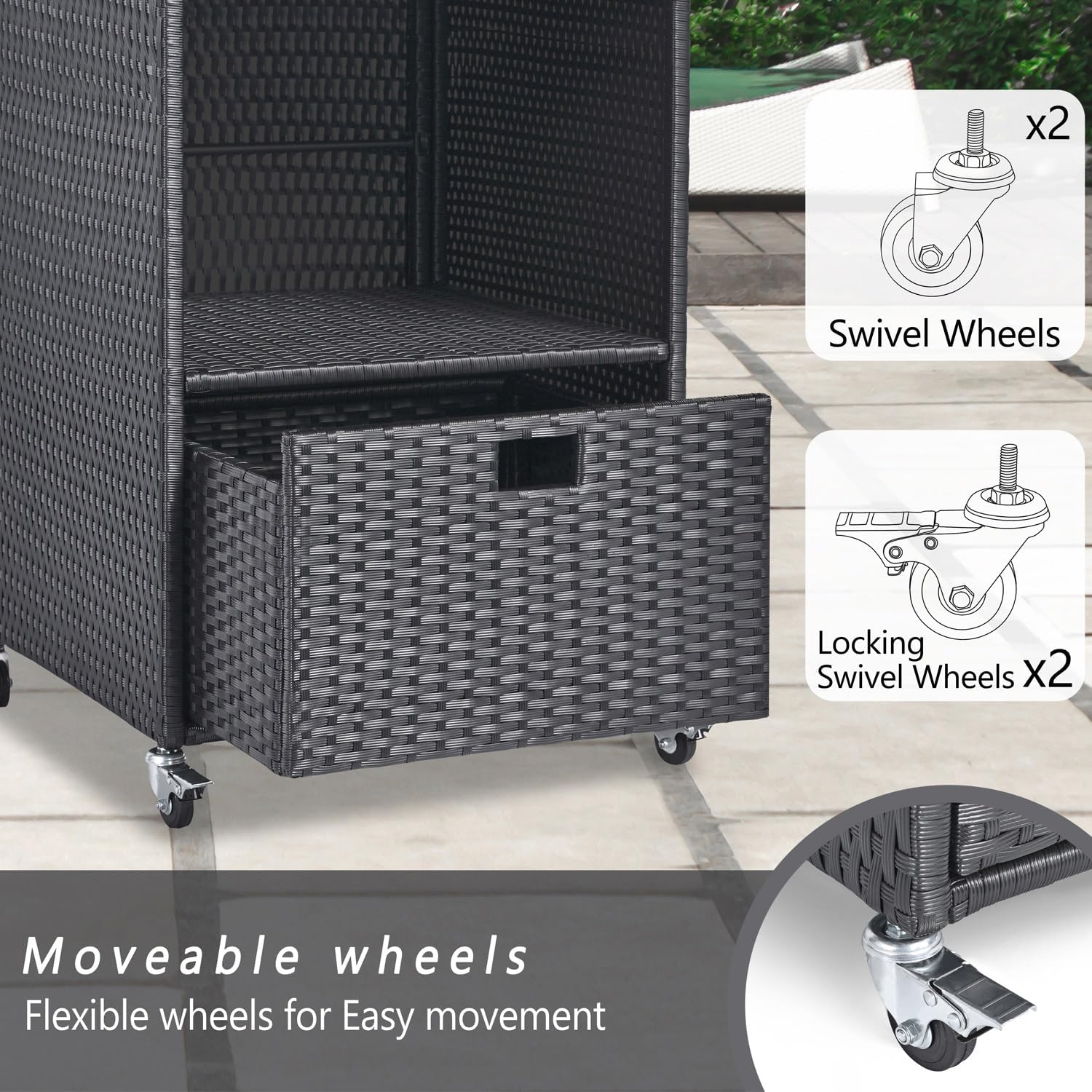 Outdoor Towel Rack for Pool Outdoor Pool Towel Storage Cabinet with Shelf & Drawer Pool Towel Holder with Rolling Wheels Hot Tub Towel Rack w/Waterproof Cover Poolside Towel Valet Caddy for Spa Black