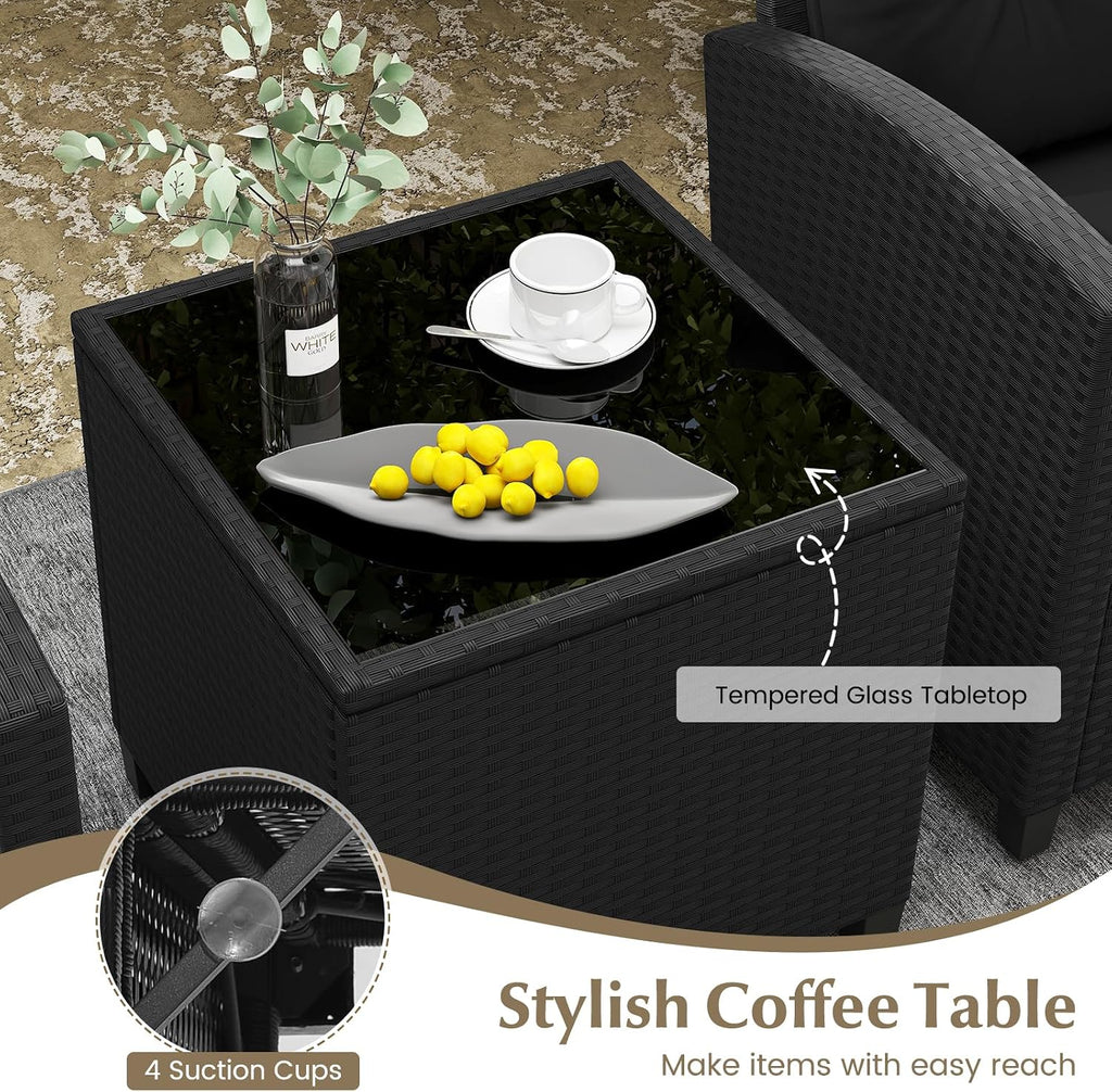 RELAX4LIFE 3-Piece Patio Furniture Set - Wicker Rattan Bistro Sofa Set with Glass Top Coffee Table, Washable Cushions for Porch, Balcony, Backyard, Poolside, Outdoor Conversation Set (Black)