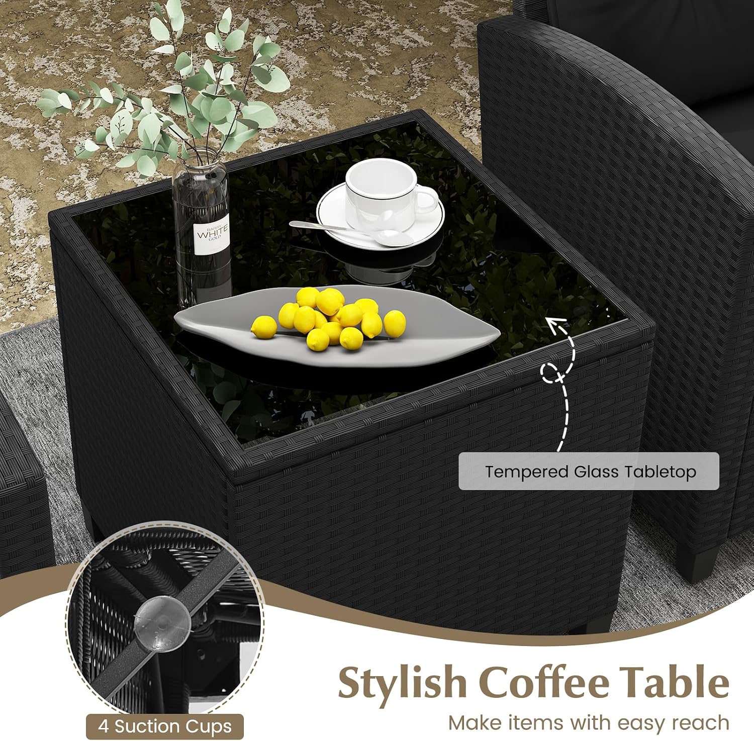 RELAX4LIFE 3-Piece Patio Furniture Set - Wicker Rattan Bistro Sofa Set with Glass Top Coffee Table, Washable Cushions for Porch, Balcony, Backyard, Poolside, Outdoor Conversation Set (Black)