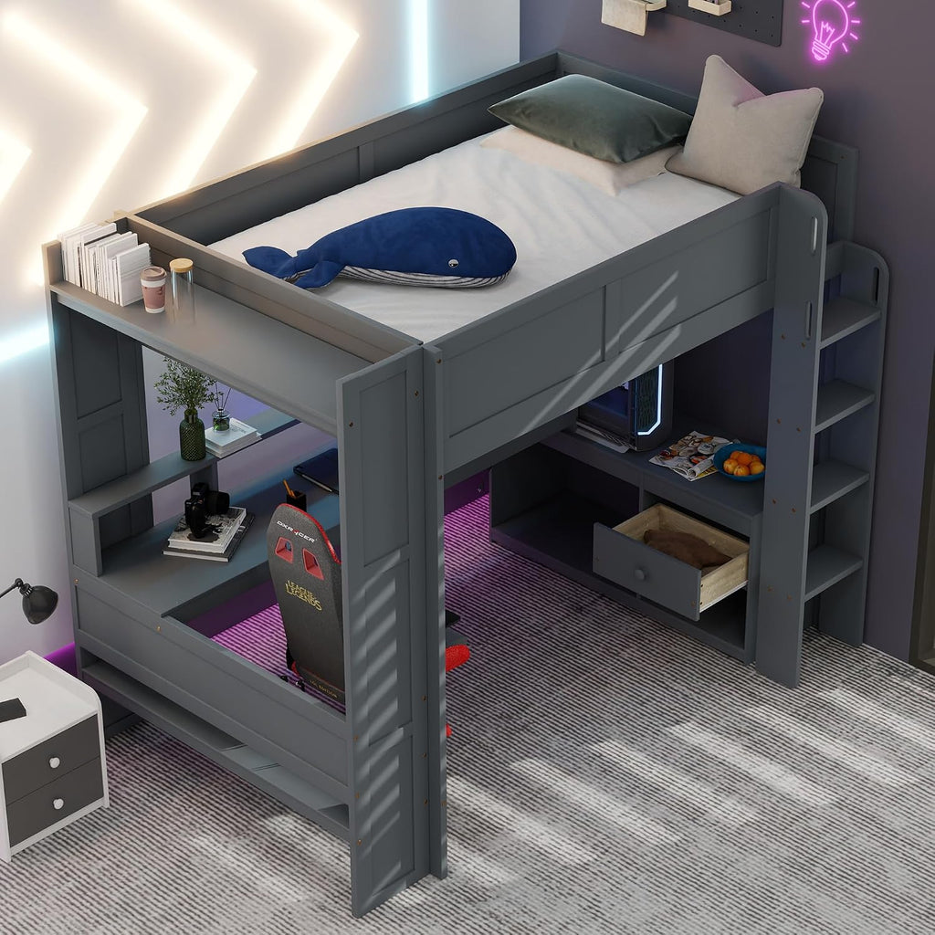 Merax Loft Bed Full Size with Gaming Desk, Mulfunctional Wood Loft Bed with Storage Shelves, Drawer and Charging Station, for Teens Adults (Dark Grey)