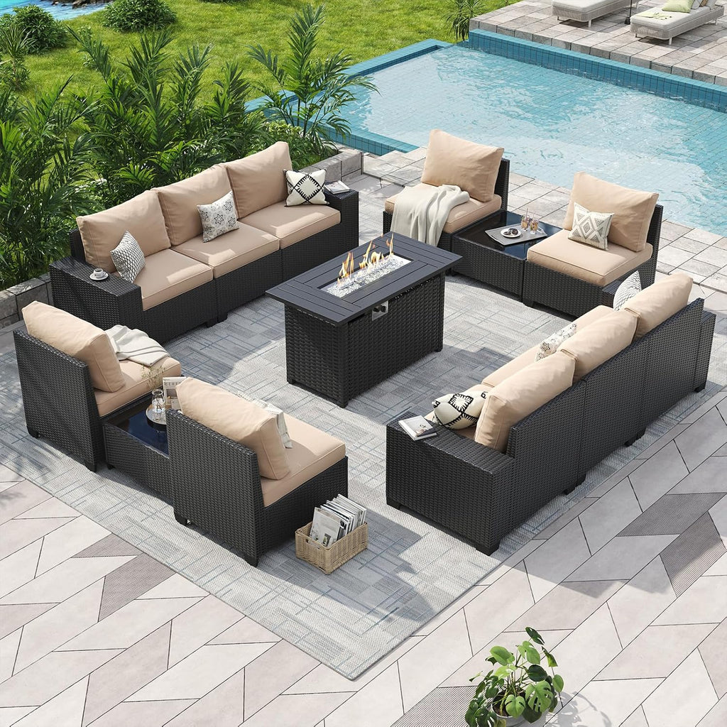 Aoxun Patio Furniture Sets with 44'' Fire Pit, 13 Pcs Outdoor Patio Coversation Set with 4in Thicken Cushion, Widen Armrests Wicker Outdoor Sectional for Backyard (Waterproof Cover Include)