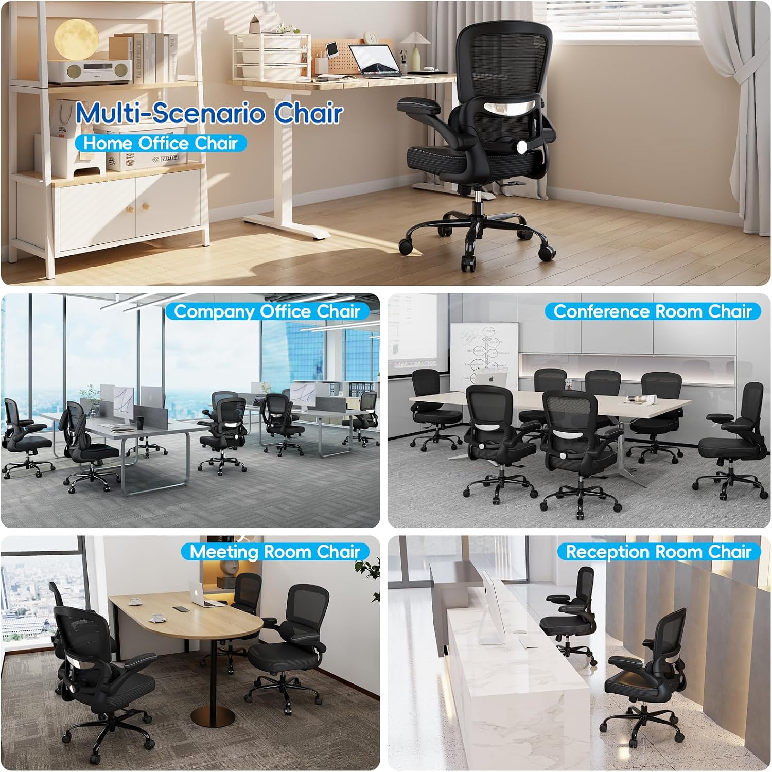 TRALT Ergonomic Office Chair - Desk Chair with Adjustable Headrest Lumbar Support Computer Chair - Mesh Comfy Chair with Flip-up Armrests - Gaming Chair for Adults Home Office PU, Black, Pack of 2