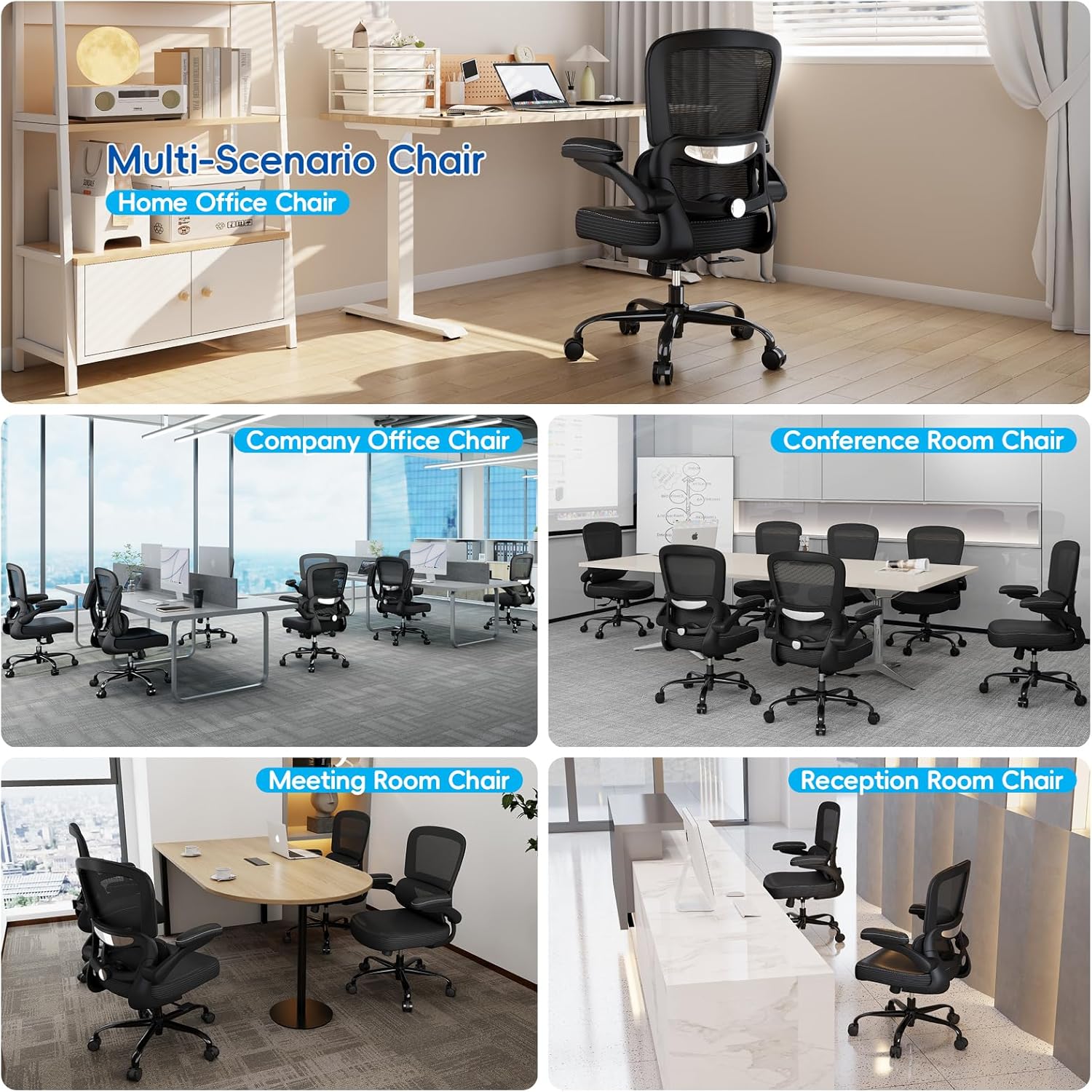 TRALT Ergonomic Office Chair - Desk Chair with Adjustable Headrest Lumbar Support Computer Chair - Mesh Comfy Chair with Flip-up Armrests - Gaming Chair for Adults Home Office PU, Black, Pack of 4