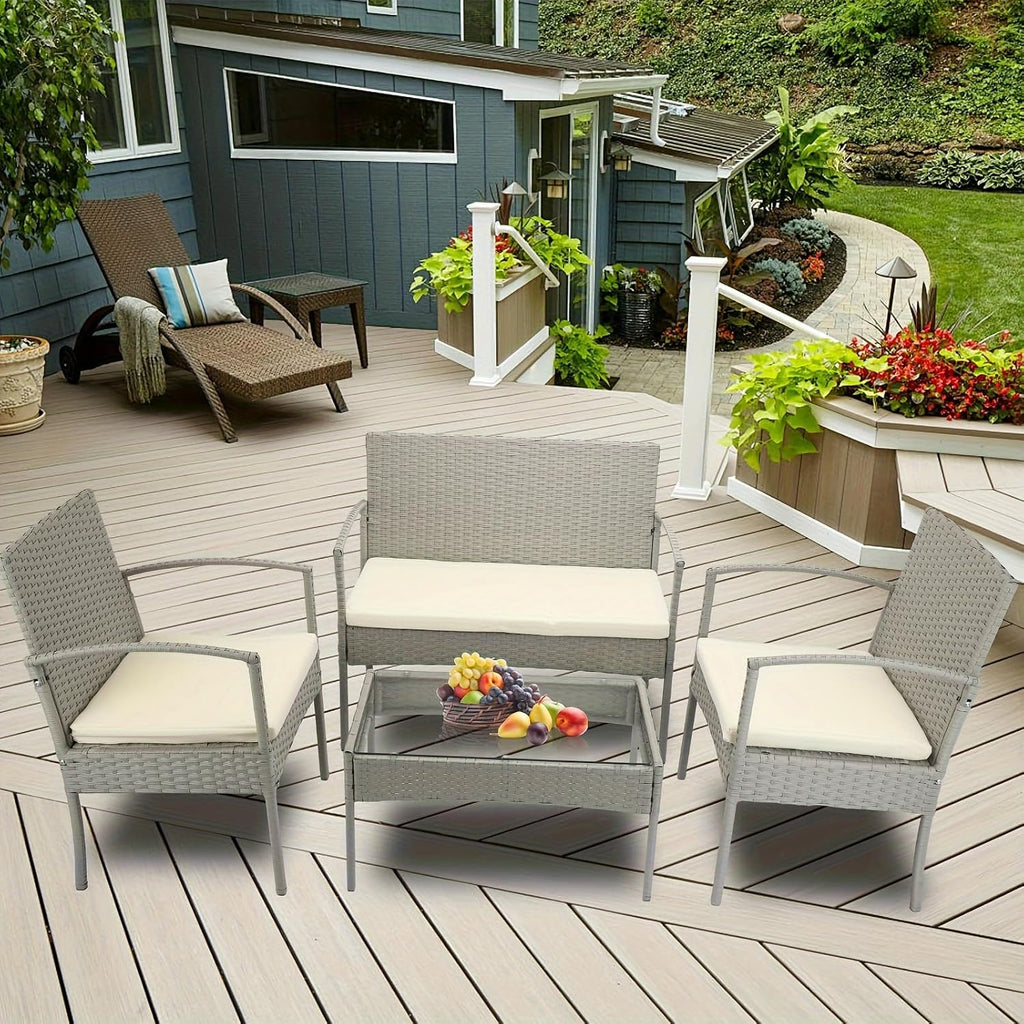 4-Piece Rattan Wicker Patio Furniture Set, Outdoor Conversation Set with Coffee Table, All-Weather Wicker Chair for Porch, Balcony, Garden, Backyard, Modern Outdoor Seating Set (Grey)