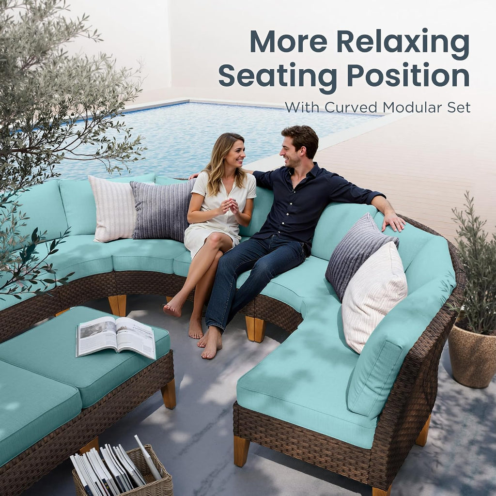 PHI VILLA 3-Piece Half-Moon Patio Furniture Set, Outdoor Curved Sectional Sofa Conversation Set with Cushions, Wicker Modular Couch for Garden, Deck, Backyard, Aqua Blue