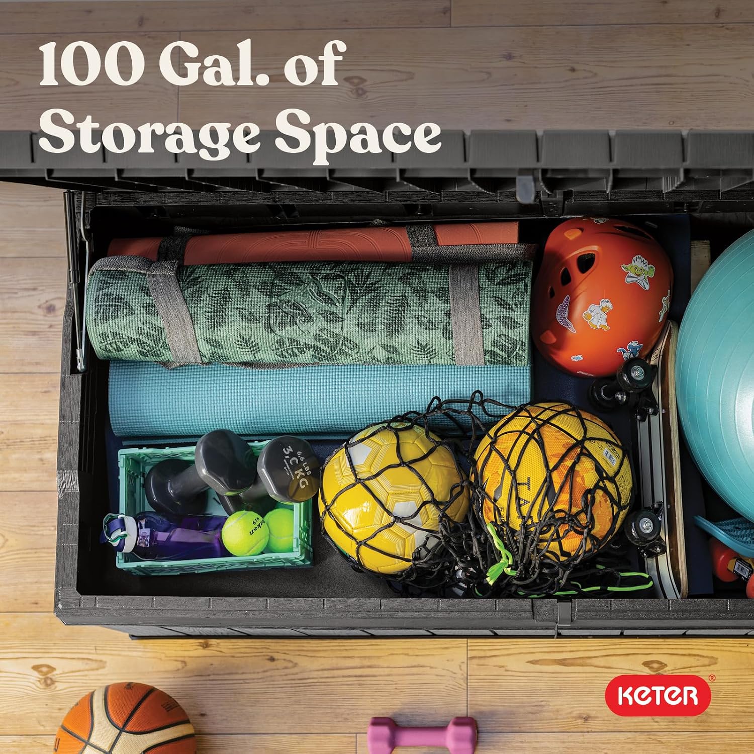 Keter Darwin 100 Gallon Resin Large Deck Box - Organization and Storage for Patio Furniture, Outdoor Cushions, Garden Tools and Pool Toys, Grey & Black