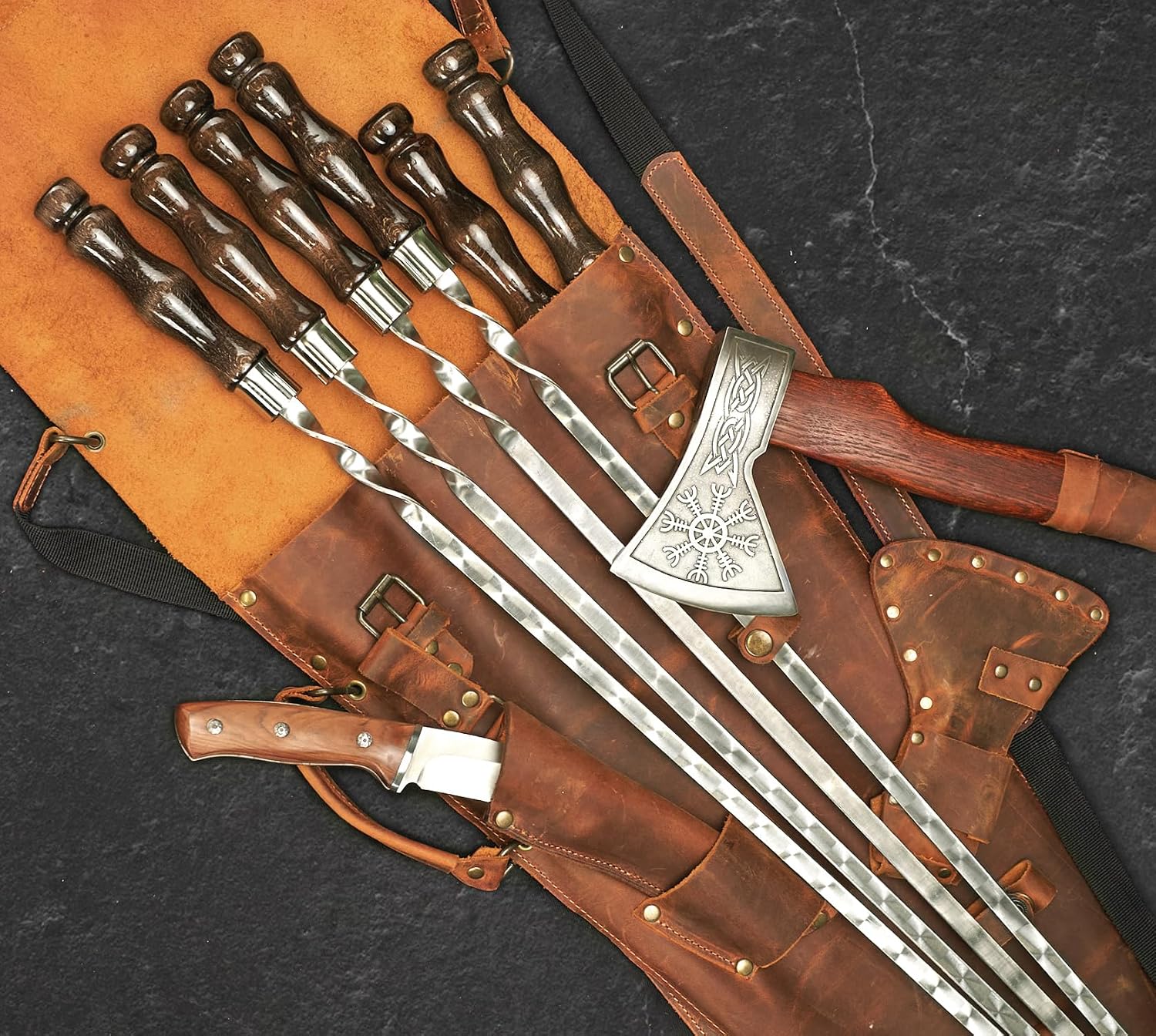 Grilling Supplies for BBQ - Outdoor Skewers Set for BBQ - Premium Barbecue Skewers Tool Sets Grill Utensils - Outdoor Grilling Set - Grill Skewers Set with Leather Case Chieftain