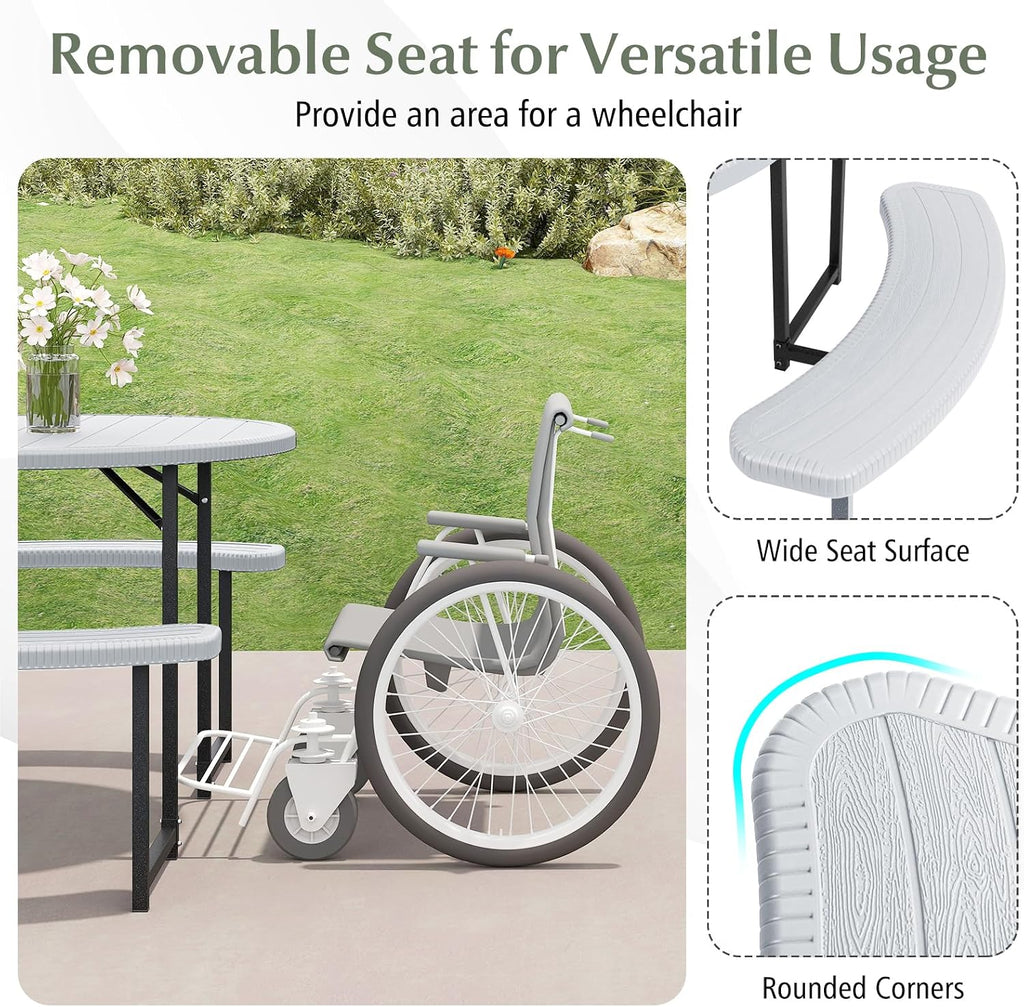 Giantex Picnic Table Bench Set for 4-8 Person, Round 37' Outdoor Dining Table w/Umbrella Hole, HDPE Tabletop, Metal Frame, Patio Furniture Set for Backyard Porch Lawn, 1400lb Capacity (White,Round)