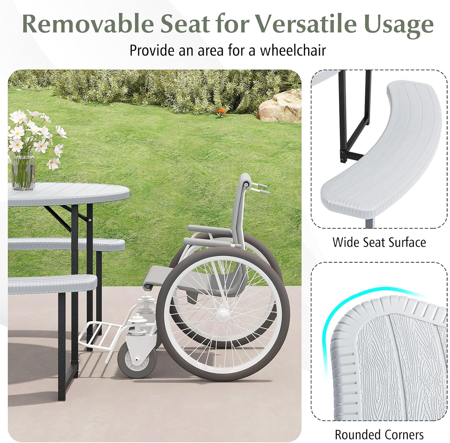 Giantex Picnic Table Bench Set for 4-8 Person, Round 37' Outdoor Dining Table w/Umbrella Hole, HDPE Tabletop, Metal Frame, Patio Furniture Set for Backyard Porch Lawn, 1400lb Capacity (White,Round)