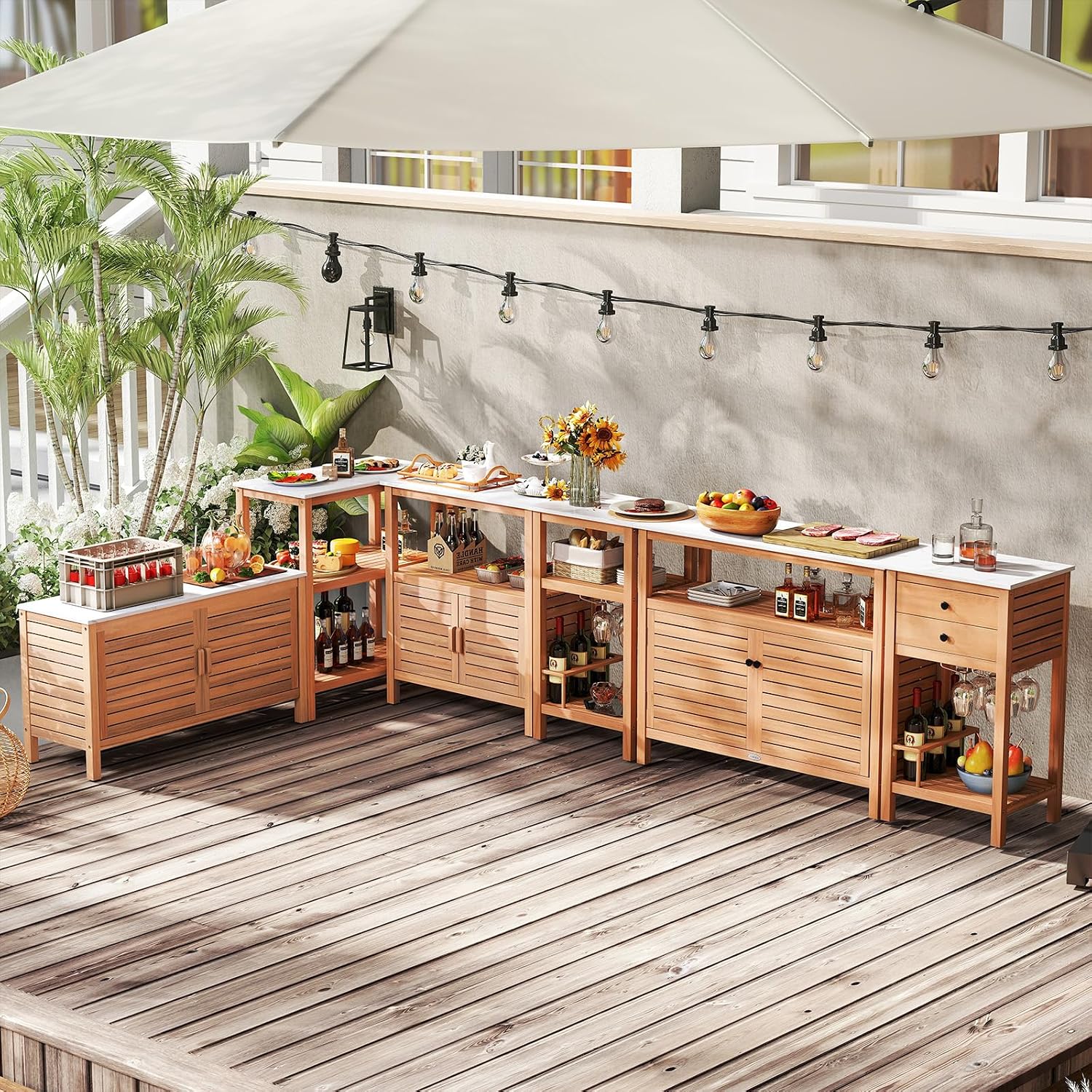 Goplus Patio Storage Cabinet, Outdoor Acacia Wood Buffet Cabinet with Marble-Like Countertop, Open Shelf & 2 Doors, Sideboard Organizer for Outdoor Kitchen, Garden, Backyard