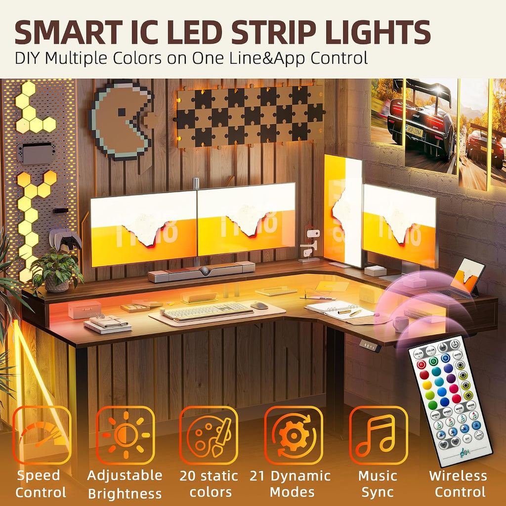 TIQLAB 63'' L-Shaped Standing Desk with LED Light Strip and Power Outlet, Height Adjustable Corner Table with Ergonomic Monitor Stand, Black Walnut