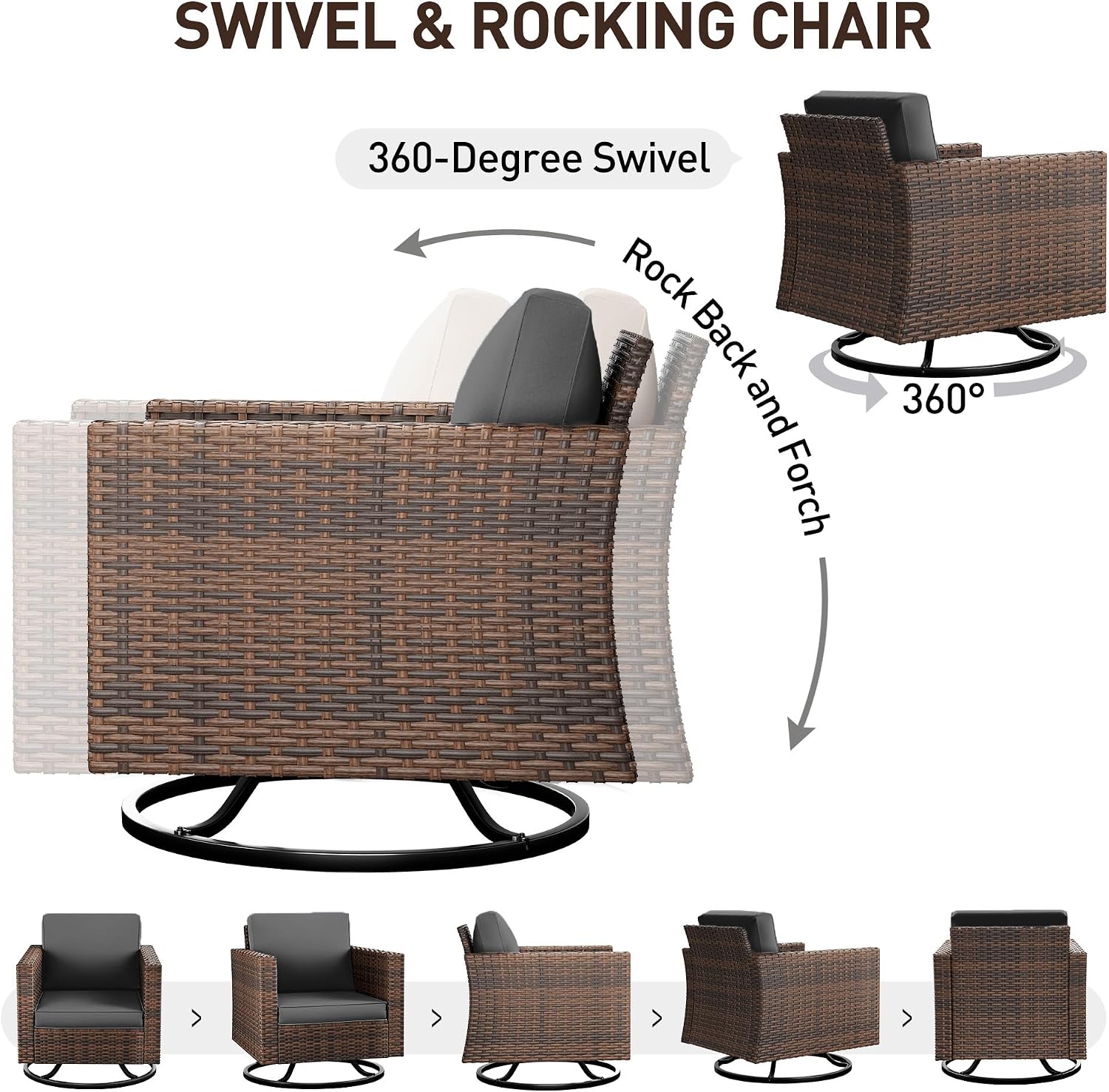 UDPATIO Patio Furniture Set, 5 Pieces Outdoor Furniture Sets with Rocking Swivel Chairs, Wicker Rattan Outdoor Conversation Set with Storage Table and Waterproof Covers for Backyard, Deck, Porch, Grey