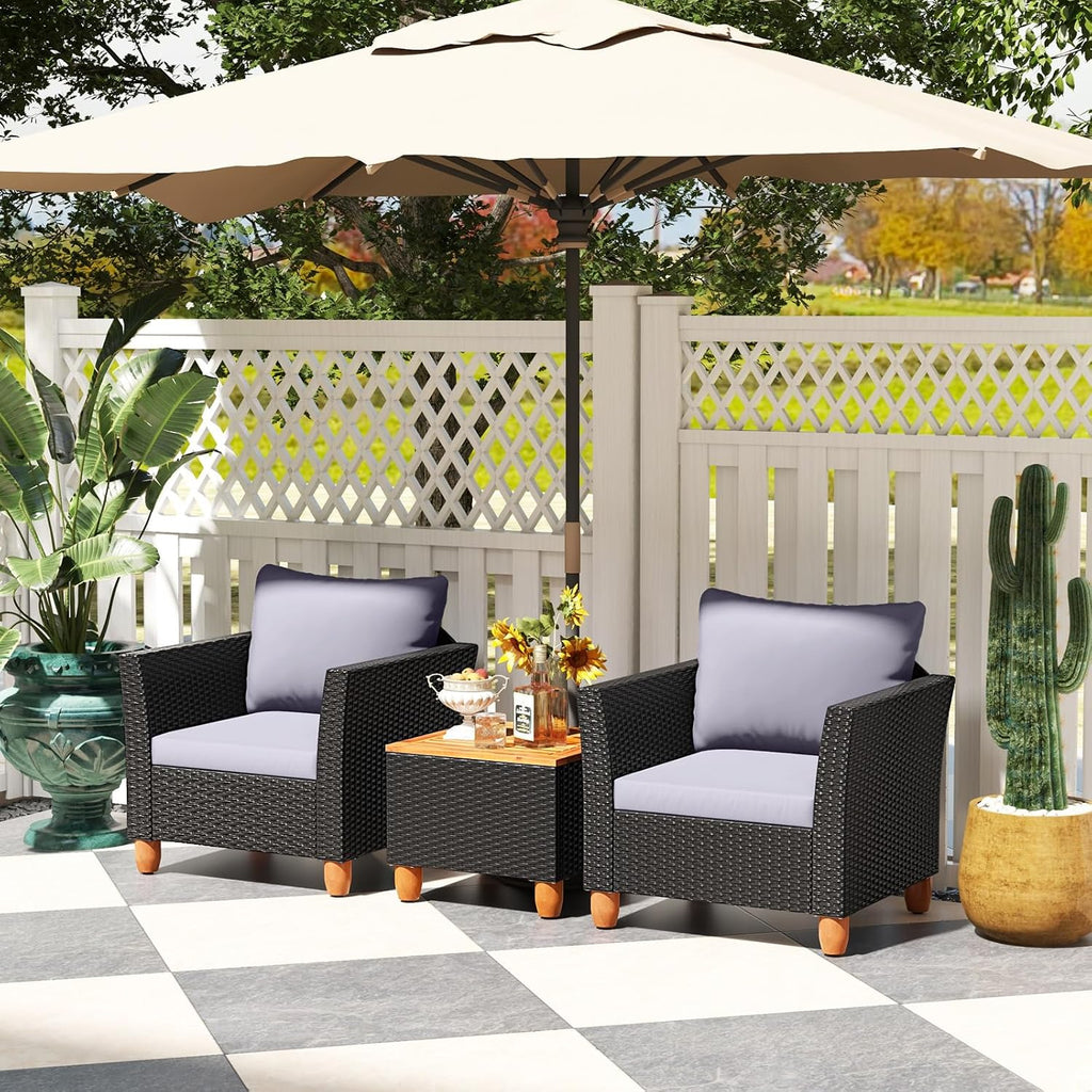 COSTWAY 3 Pieces Patio Rattan Furniture Set, Outdoor Wicker Conversation Chairs Set with Acacia Wood Coffee Table & Washable Cushion, Porch Furniture Bistro Set for Balcony, Garden, Backyard, Grey