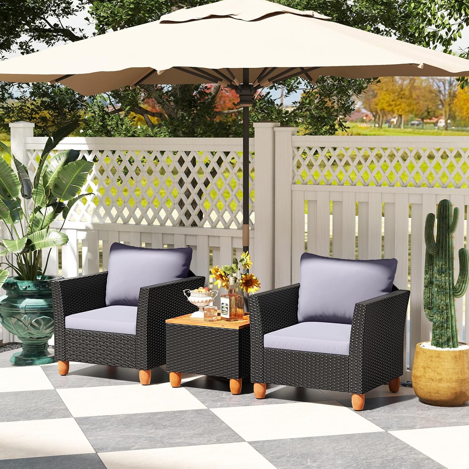 COSTWAY 3 Pieces Patio Rattan Furniture Set, Outdoor Wicker Conversation Chairs Set with Acacia Wood Coffee Table & Washable Cushion, Porch Furniture Bistro Set for Balcony, Garden, Backyard, Grey