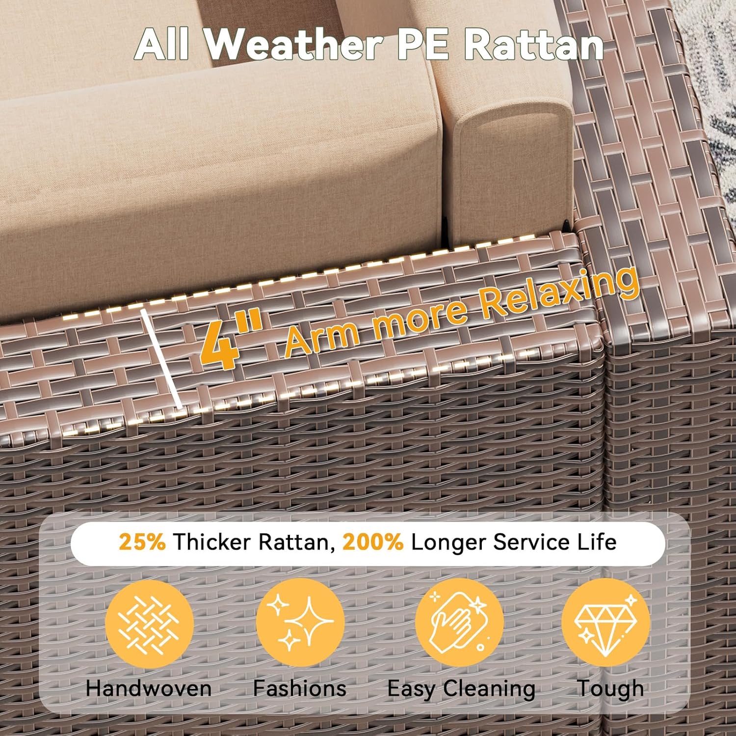 Aoxun 8 Piece Patio Furniture Set, Wicker Outdoor Furniture Set with Storage Box, Patio Sectional Set with Thickened Cushions, Waterproof Cover and 25.6' Coffee Table (Brown& Khaki)