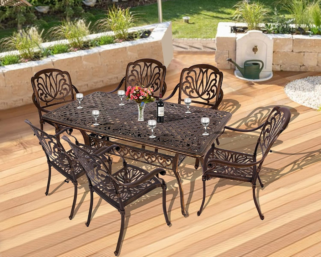 Grepatio 7 Piece Patio Dining Set Outdoor Dining Set Cast Aluminum Furniture Set with 6 Dining Chairs and Dining Table for Backyard Garden Deck Poolside (6 Flower Chairs Without Cushion)