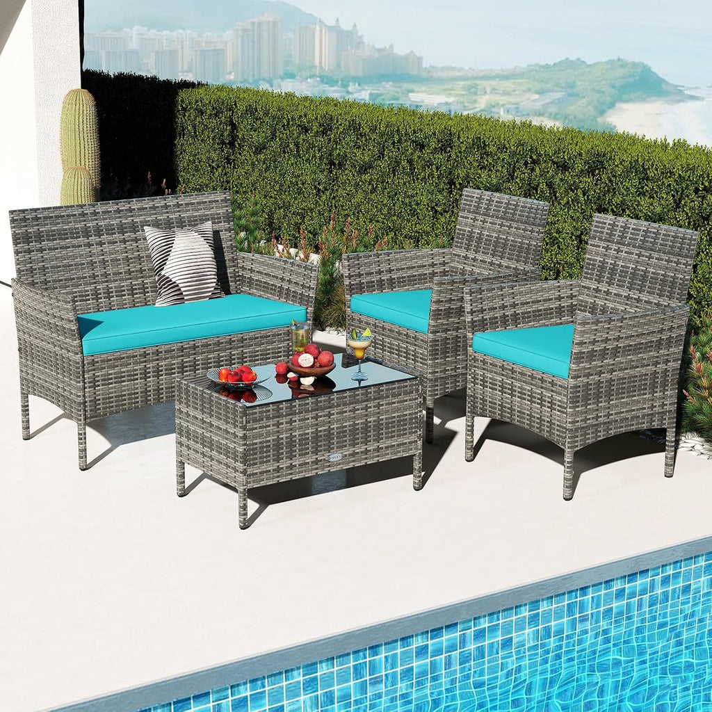Tangkula 8 Pieces Patio Rattan Conversation Set, Outdoor Wicker Furniture Set with Cushioned Chair, Loveseat & Tempered Glass Table, Outside Sectional Sofa Set for Backyard (G-Turquoise,2)