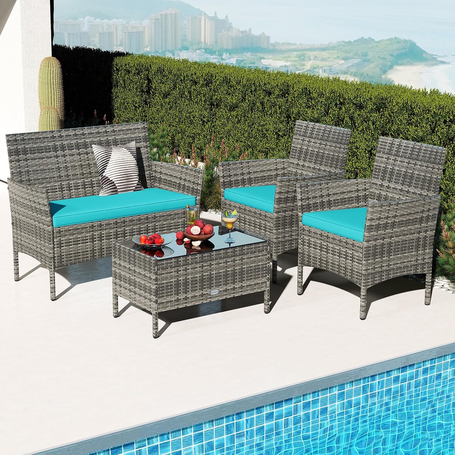 Tangkula 8 Pieces Patio Rattan Conversation Set, Outdoor Wicker Furniture Set with Cushioned Chair, Loveseat & Tempered Glass Table, Outside Sectional Sofa Set for Backyard (G-Turquoise,2)