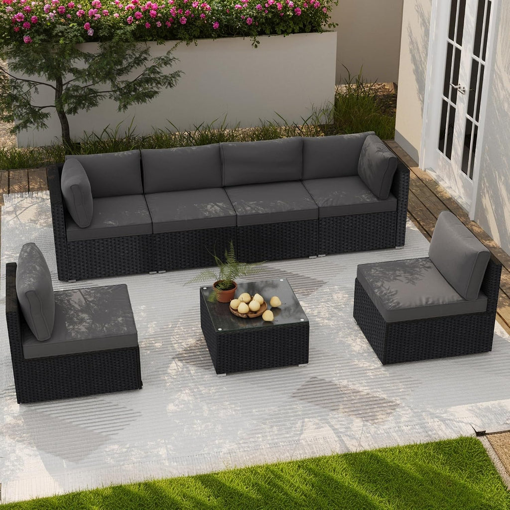7-Piece Outdoor Patio Furniture Set, Outdoor Couch - Handwoven All-Weather Rattan & 4' Thick Waterproof Cushions, Wicker Outdoor Conversation Sets with Coffee Table for Backyard, 2026, Black/Grey