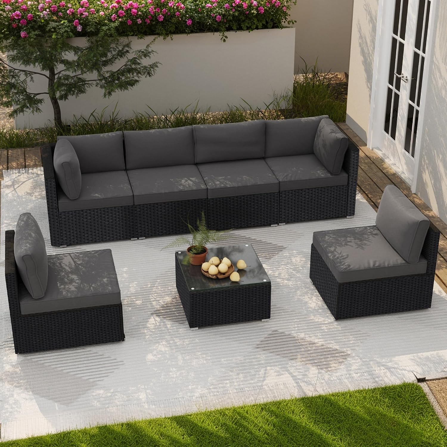 7-Piece Outdoor Patio Furniture Set, Outdoor Couch - Handwoven All-Weather Rattan & 4' Thick Waterproof Cushions, Wicker Outdoor Conversation Sets with Coffee Table for Backyard, 2026, Black/Grey