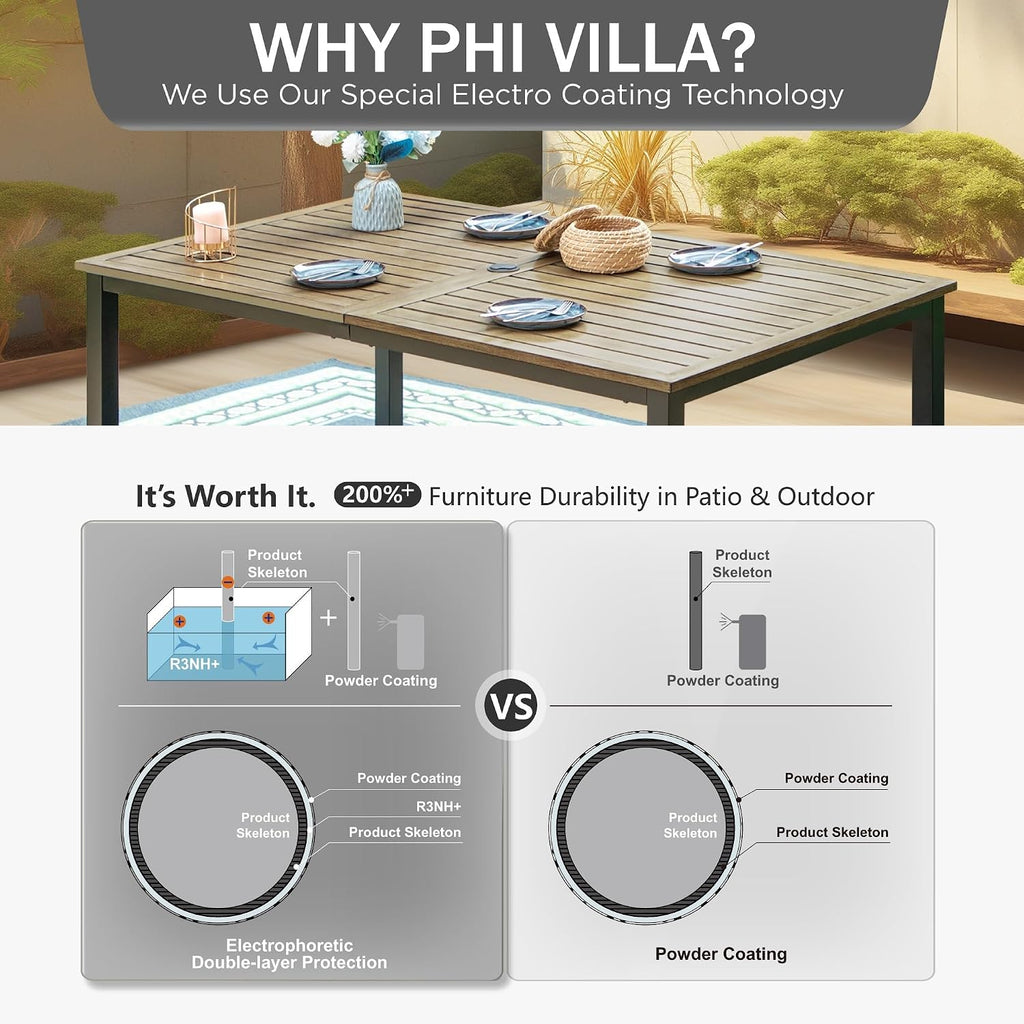PHI VILLA 7 Pieces Outdoor Dining Set for 6, 65' Brown Wood-Like Metal Steel Dining Table & Stackable Black Iron Chairs, Large Outside Furniture Set for Patio, Deck, Yard, Porch