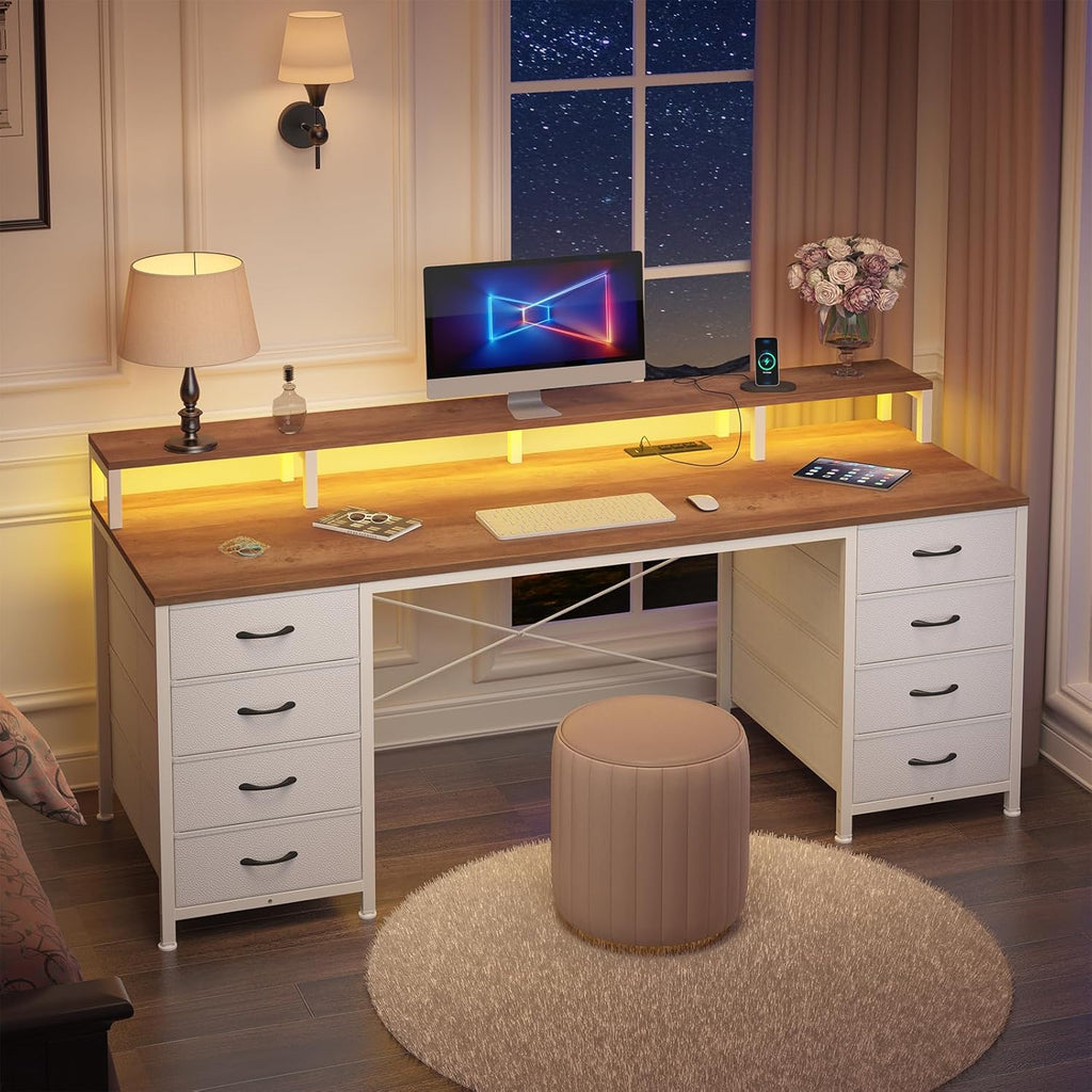 YOMILUVE 60 Inch Computer Desk with 8 Fabric Drawers, Gaming Desk with LED Lights & Power Outlets, Home Office Desk with Monitor Stand, Brown and White