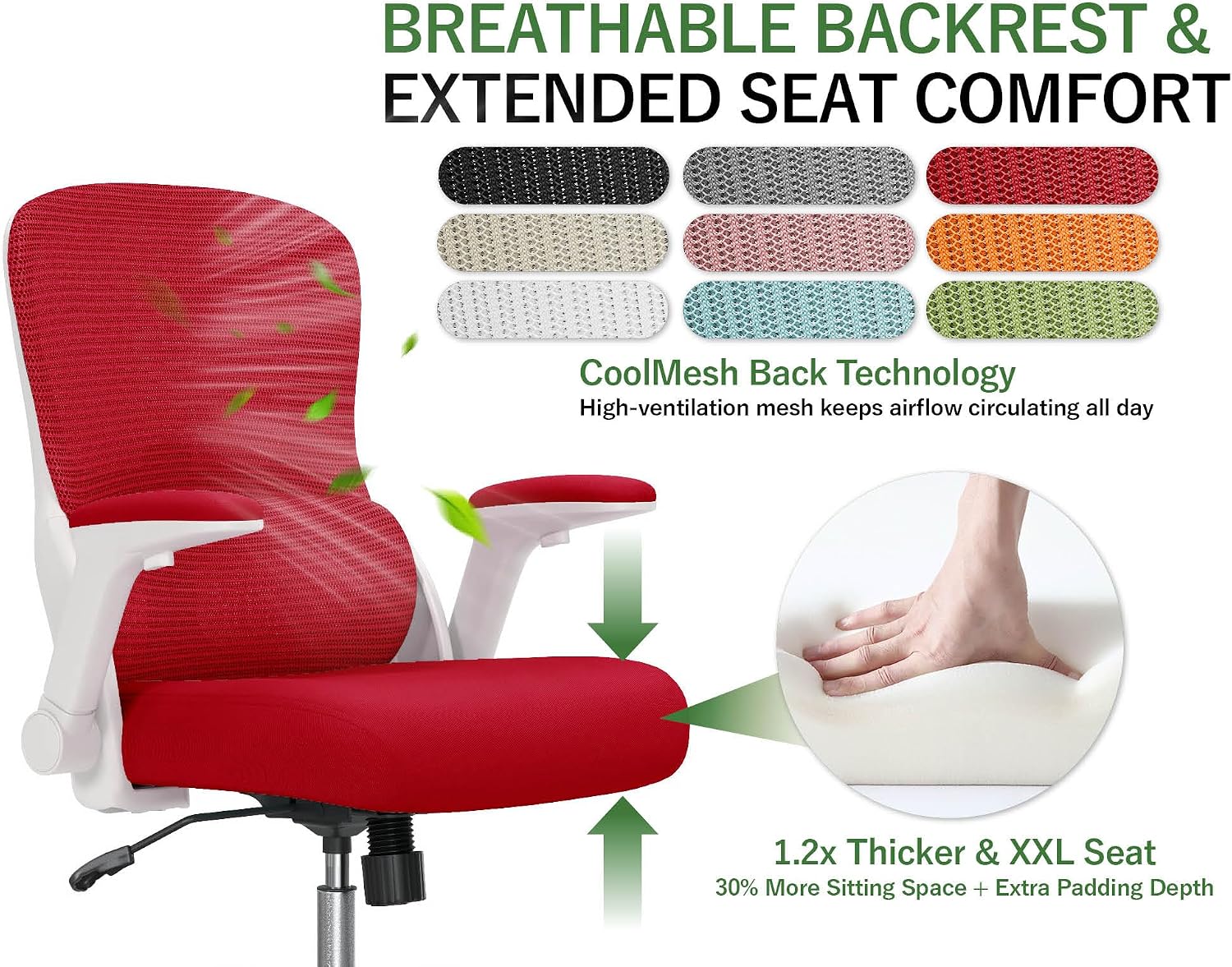 Office Chair Ergonomic Desk Chair Comfy: 400LBS Mesh Computer Chair Ergonomic Gaming Chairs with Wheels Adjustable Lumbar Support and Flip up Armrest-Swivel Executive Chairs Long Hours(Red)