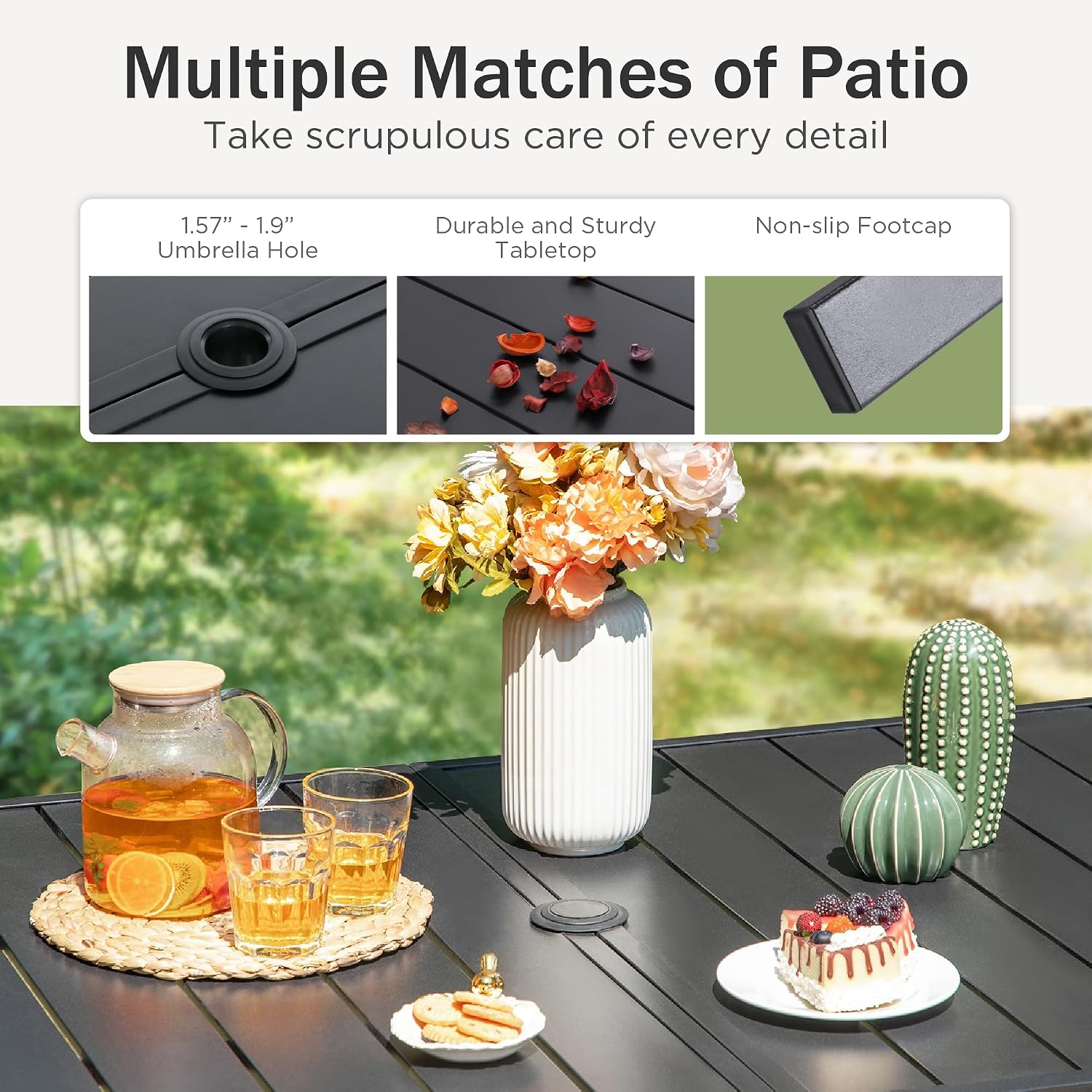 PHI VILLA 7 Piece Outdoor Dining Set for 6, 60' Rectangular Metal Steel Table with Umbrella Hole & Stacking Wrought Iron Chairs, Large Furniture Set for Patio, Deck, Yard - Black
