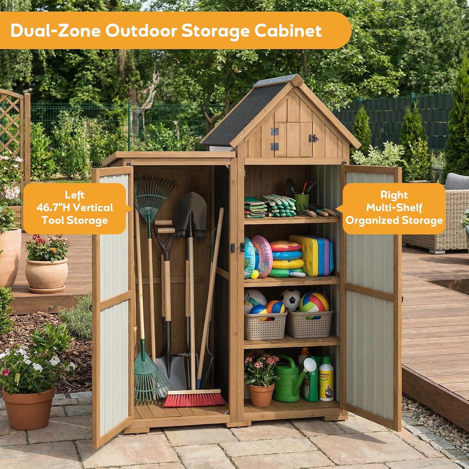 PetsCosset Outdoor Storage Cabinet Wood & Metal Garden Shed with Lockable Doors, 3 Adjustable Shelves, Weatherproof Patio Backyard Storage for Tools & Garden Supplies