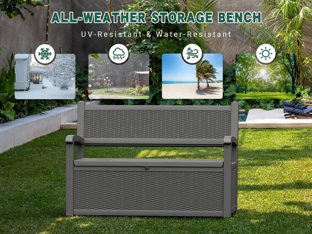 80 Gallon Outdoor Storage Box, Resin Patio Furniture with Armrest, Lockable Deck Box with Waterproof and UV Resistant for Patio Cushions, Garden Tools and Pool Supplies, Grey