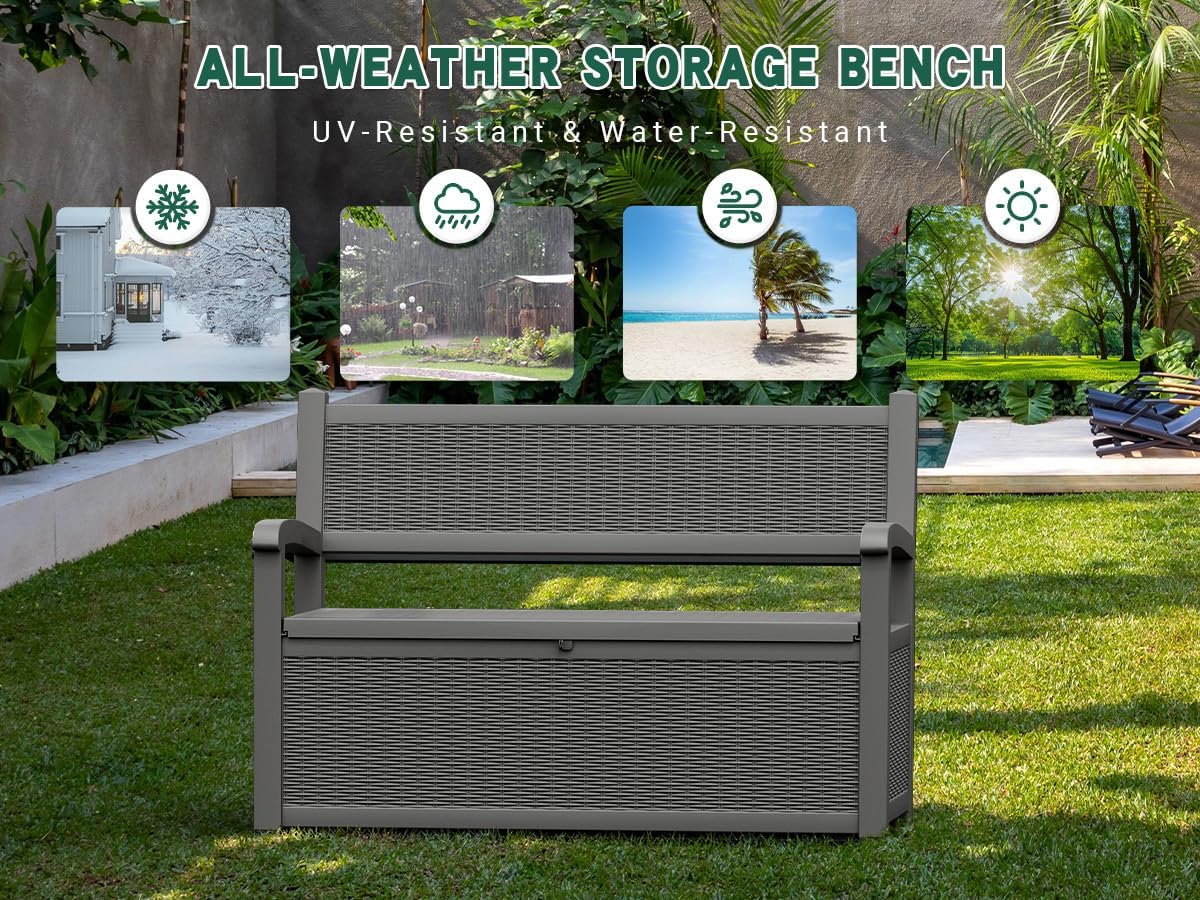 LHBcraft 70 Gallon Outdoor Storage Bench Deck Box Lockable for Patio Furniture, Outdoor Porch Bench with Storage Waterproof for Cushions, Garden Tools and Pool Supplies, Grey